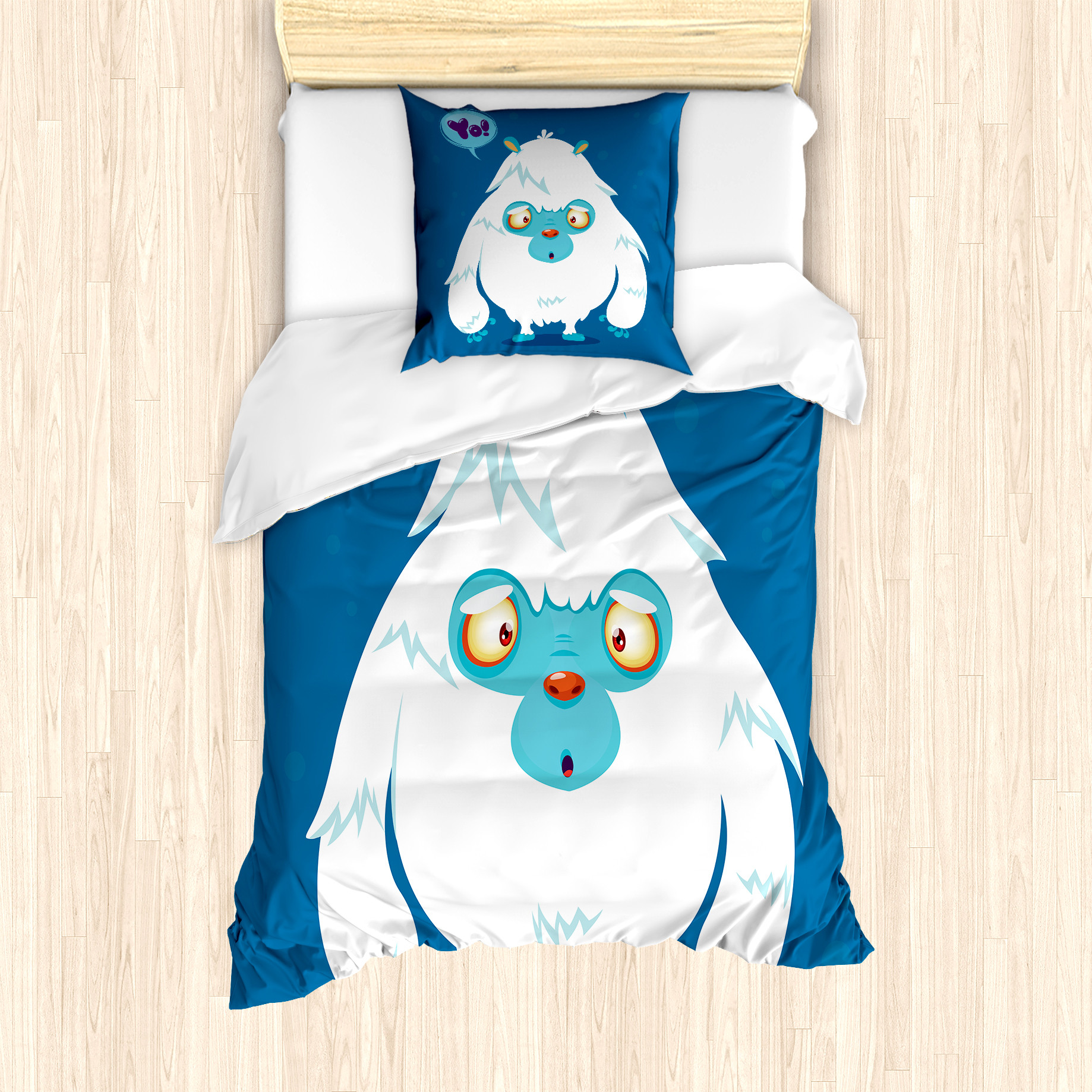 KOZMOS TEKSTL VE GER DÖNÜÜM SANAY TCARET LMTED RKET ABAKUHAUS Bigfoot Bettbezug Set für Einzelbetten, Goofy Cartoon Monster, Milbensicher Allergiker geeignet mit Kissenbezug, 135 cm x 200 cm - 80 x 80 cm, Kobalt-Blau-Hellblau nevde_69292_135x200_de
