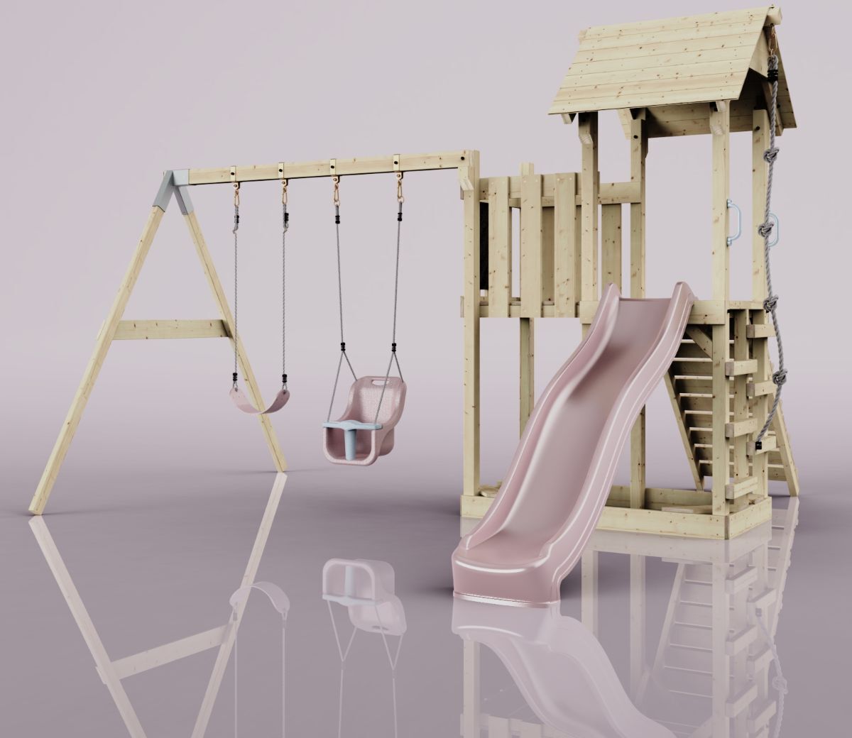 OutdoorToys Spielturm mit Wellenrutsche und 2x Kinder-Schaukel, Outdoor Klettergerüst Garten mit Plattform, Ausführung: Babyschaukel, Farbe: Altrosa, mit Babyschaukel O4.5.00284.11