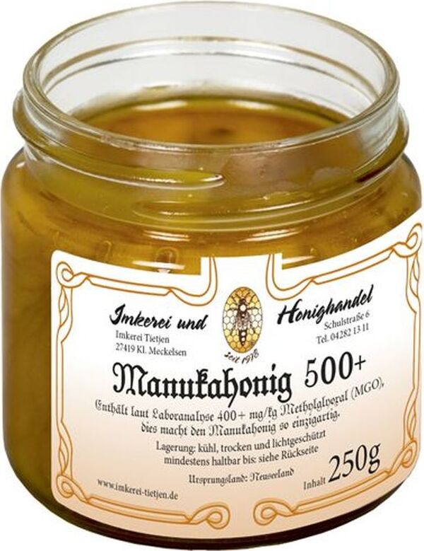 Imkerei Tietjen Manukahonig 500plus 250g | Laboranalyse über 500 mg/kg Methylglyoxal 127E