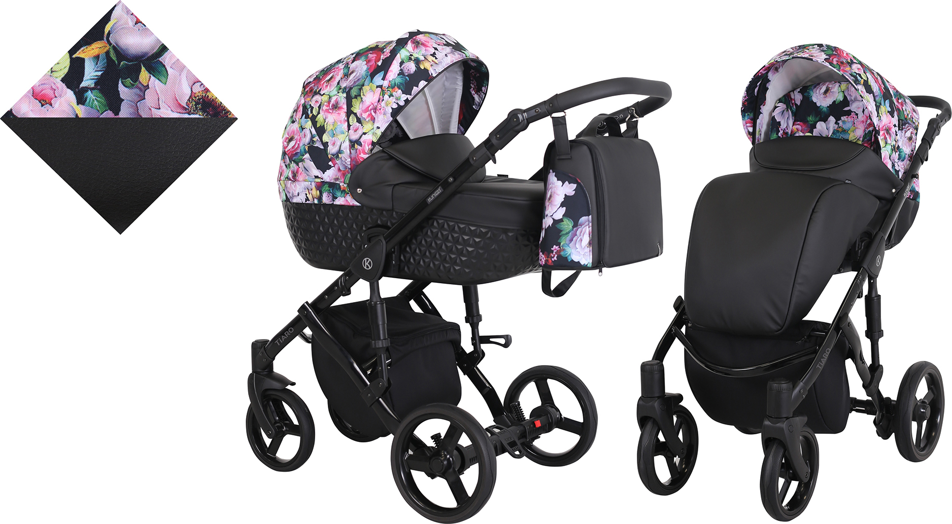 Kinderwagen TIARO Sportwagen Babywagen Babyschale Komplettset Kinder Wagen Set 2 in 1 (Schwarz mit Blumen, Rahmenfarbe: Schwarz)