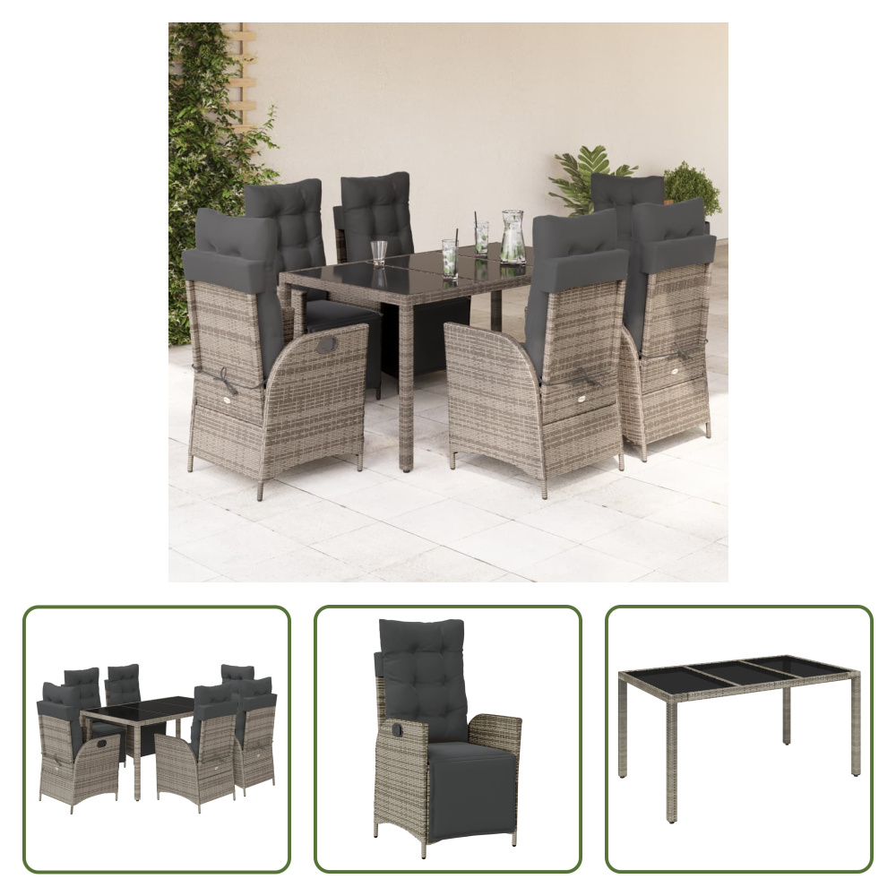 The Living Store 7-dielny záhradný jedálenský set s vankúšmi sivý polyratan