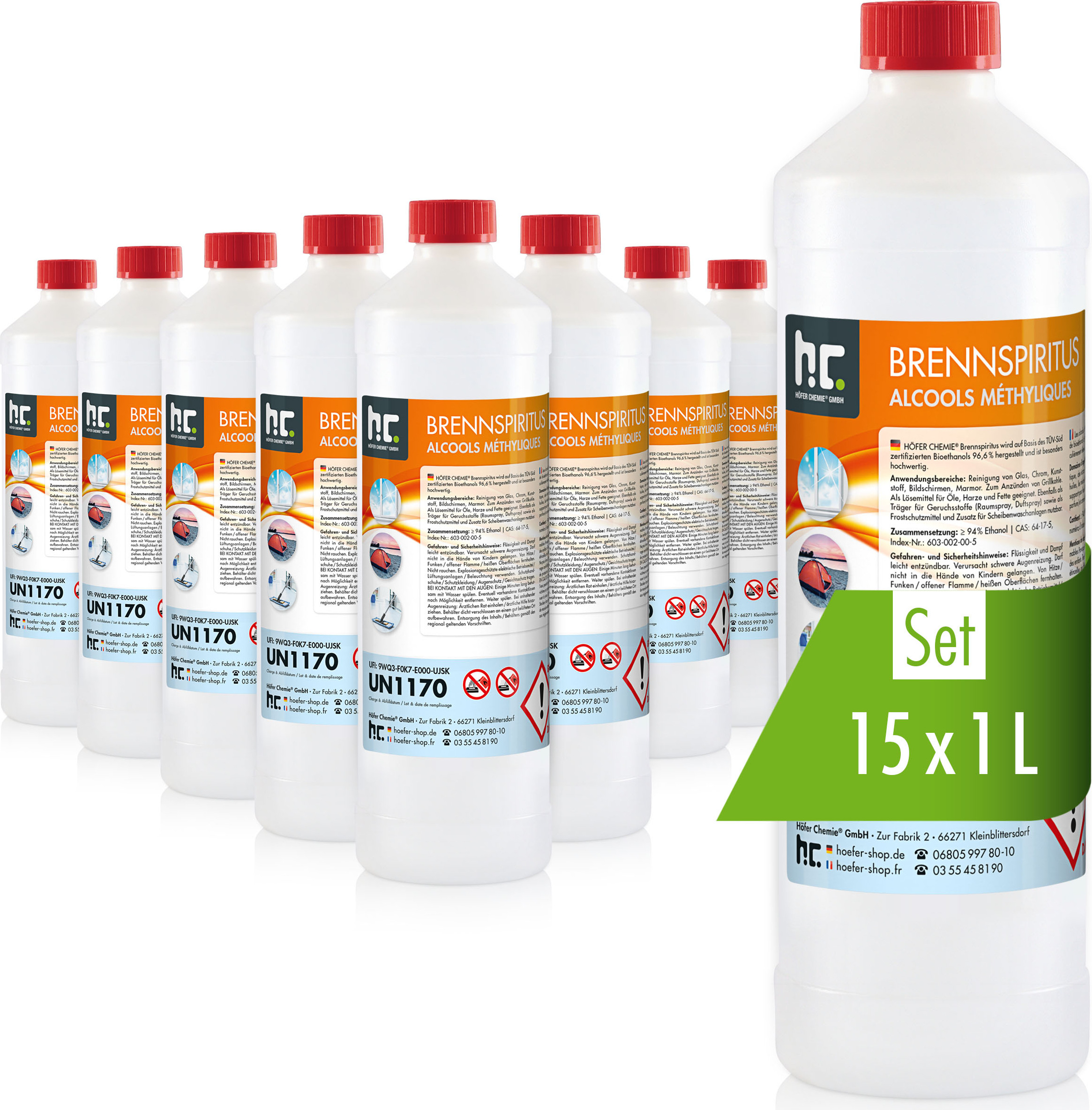Höfer Chemie 15x 1 L Brennspiritus 94%