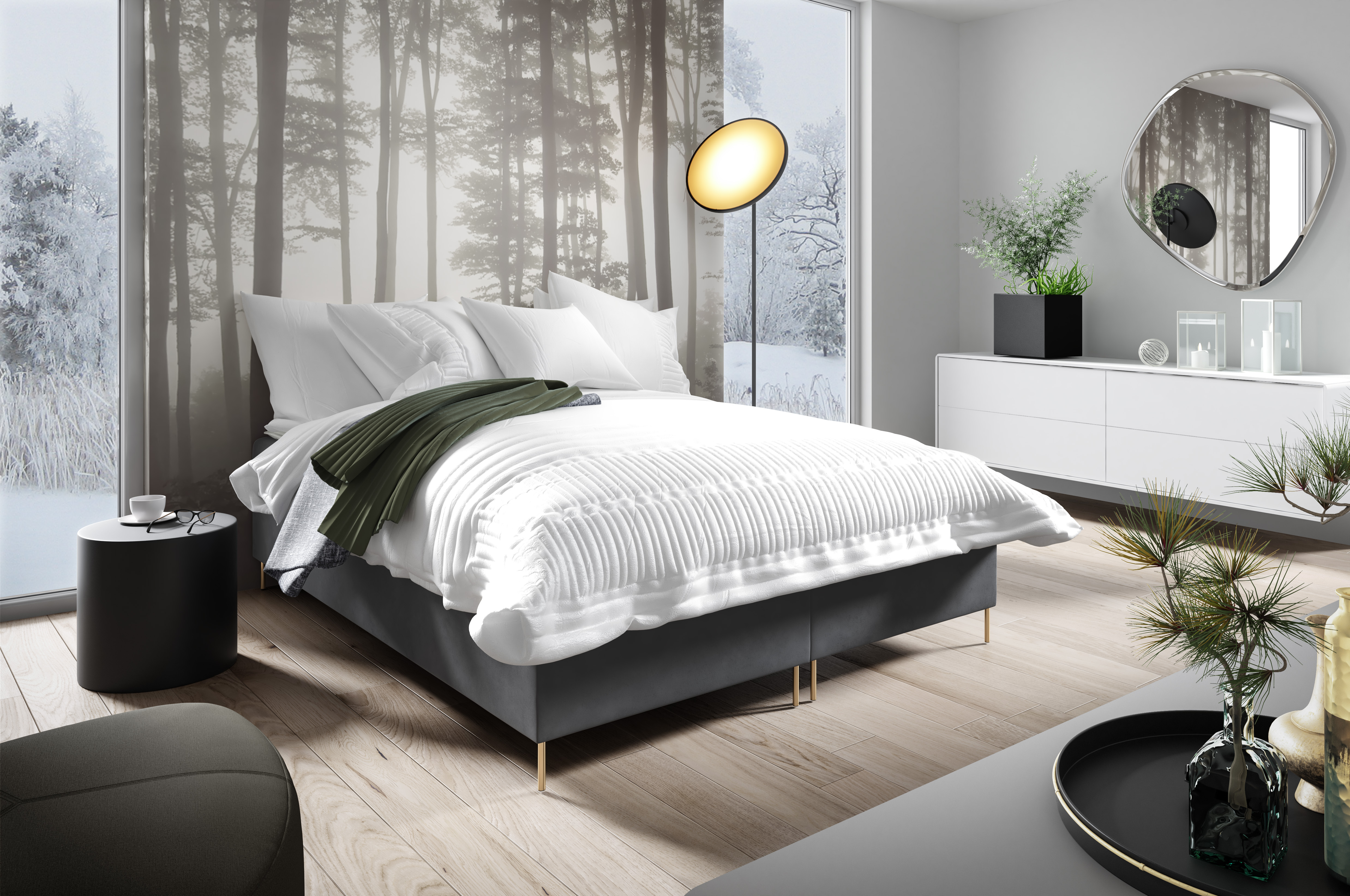 GUTTO box spring bed MACH 180 x 200cm bez čela 2x podstavec pod posteľ TOPPER 5cm zdarma sivý velúr vysoké zlaté nohy