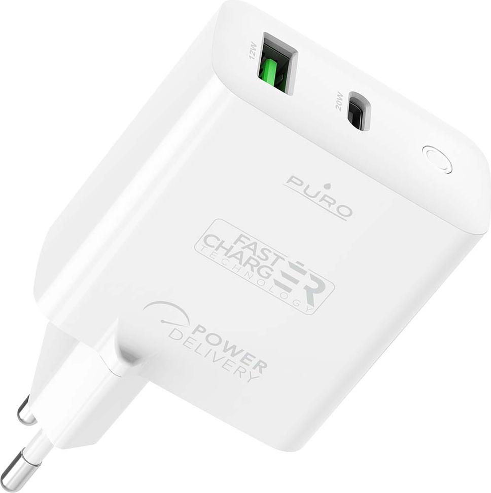 PURO, nabíjačka s dvoma zásuvkami USB-A / USB-C PD a 32 W (12-20 W), biela