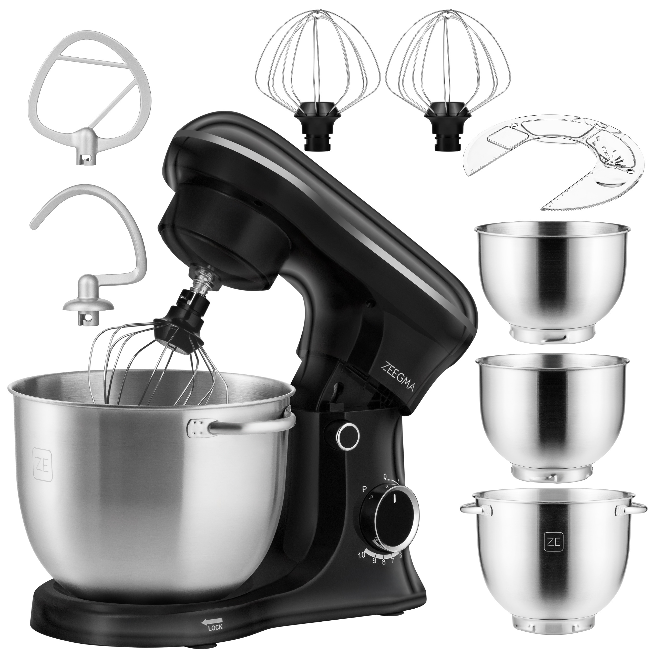 Kuchynský robot ZEEGMA Planeet Trio, 3 misy (5,2 l, 4,5 l, 4 l), veko 18 v 1, planetárne otáčanie, 1500 W, 10 rýchlostí, 4 nástavce - čierny