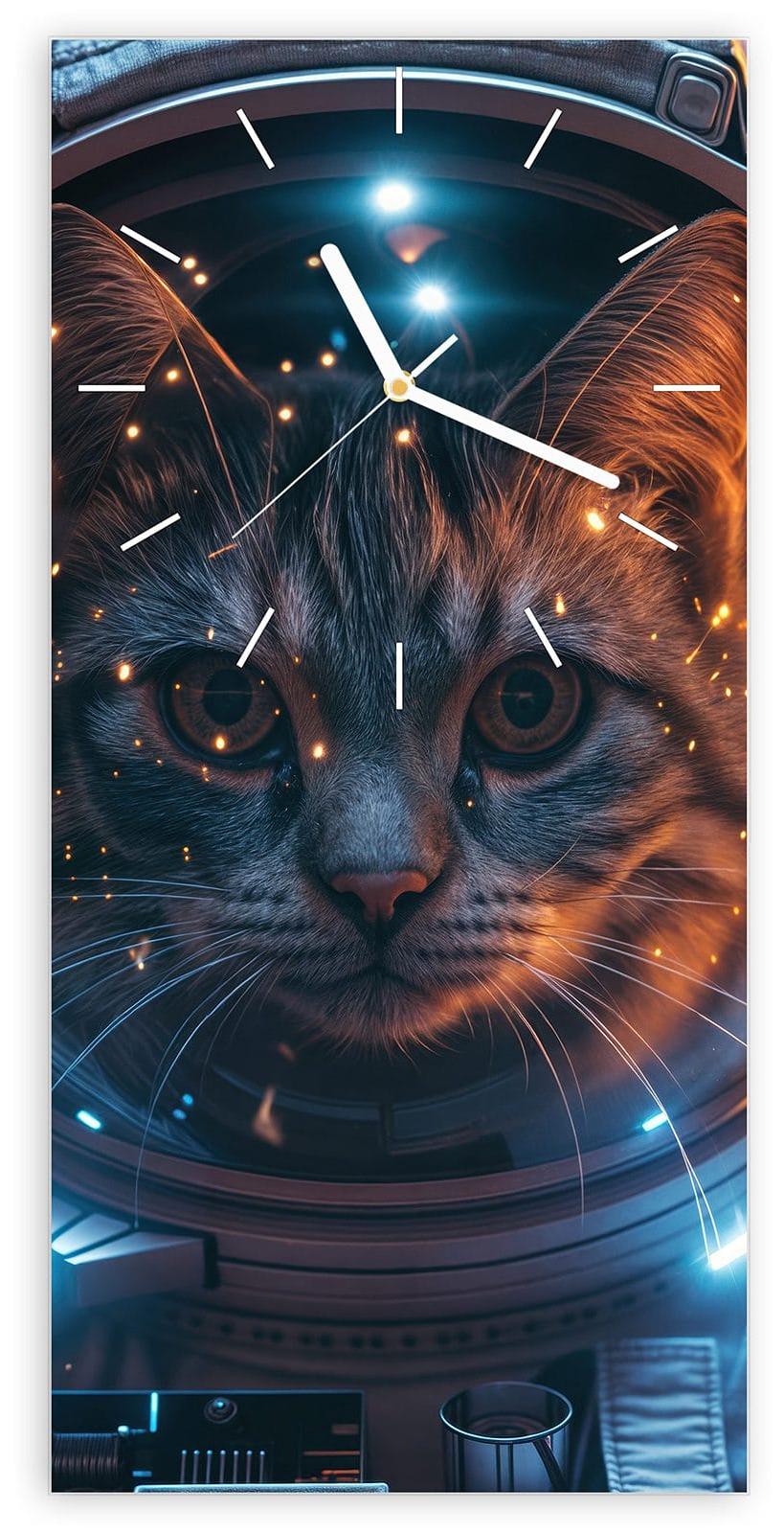 Primedeco Wanduhr aus Glas mit Motiv Katze im Raumanzug- 30 x 60 cm - inkl. Aufhängesystem