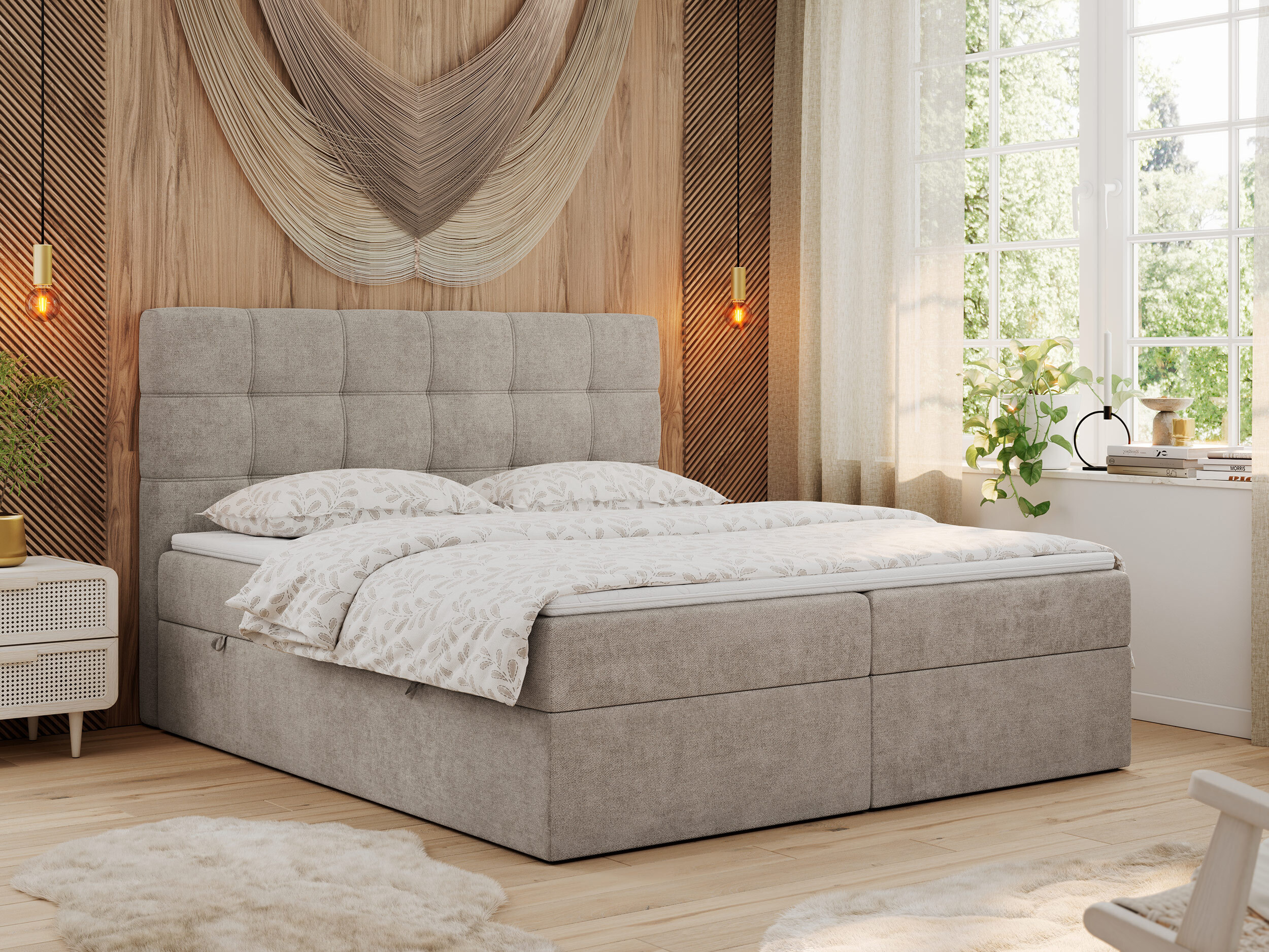 MKS MEBLE Boxspringbett 120x200 mit Matratze, Bett mit Multipocket - Matratze H3 und Topper, Polsterbett 120x200 mit Bettkasten und Kopfteil, ERNI - Beige Stukture