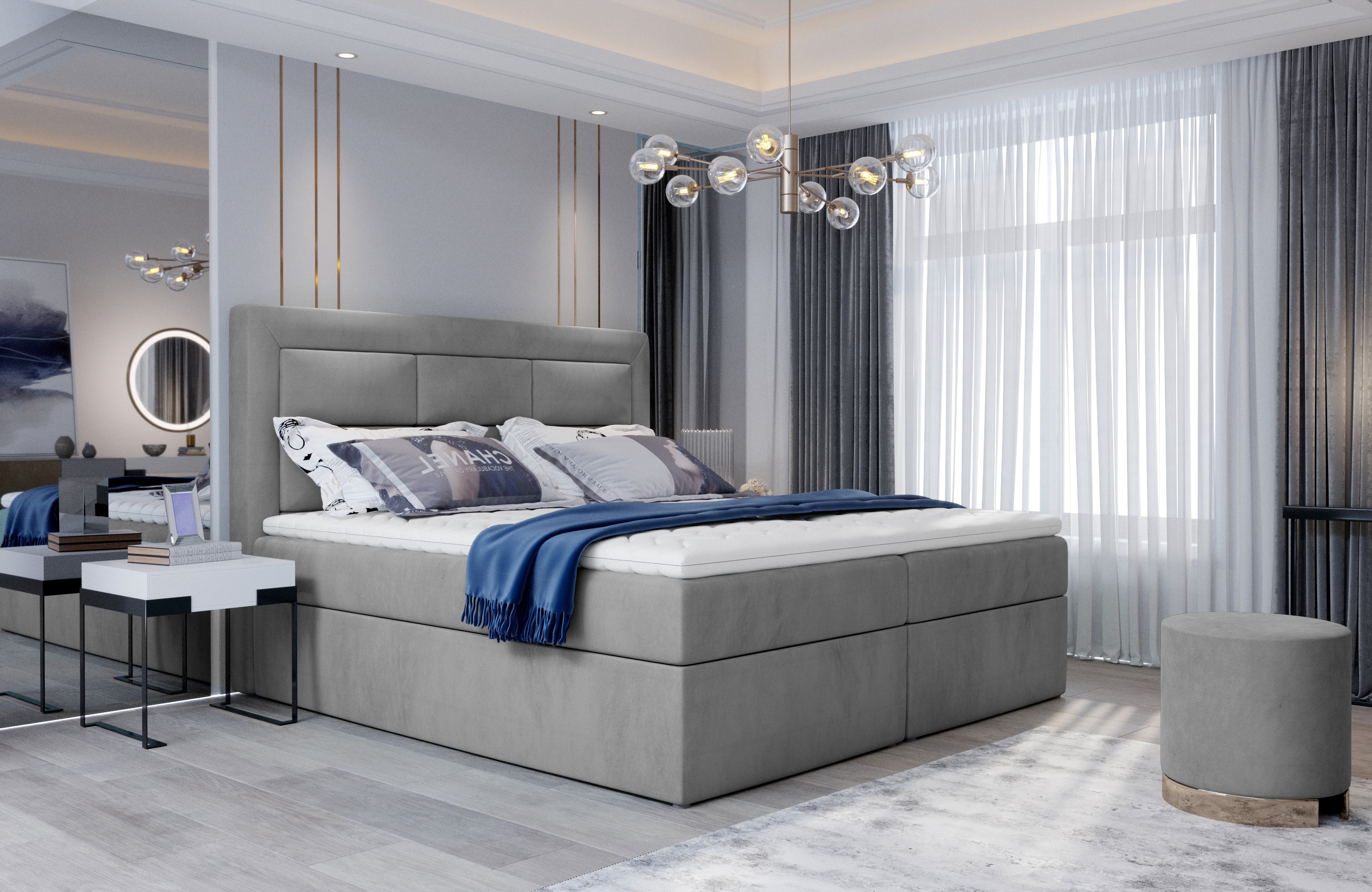 MOB, Manželská posteľ Boxspring 180 cm - Variv (svetlosivá) (s matracom)
