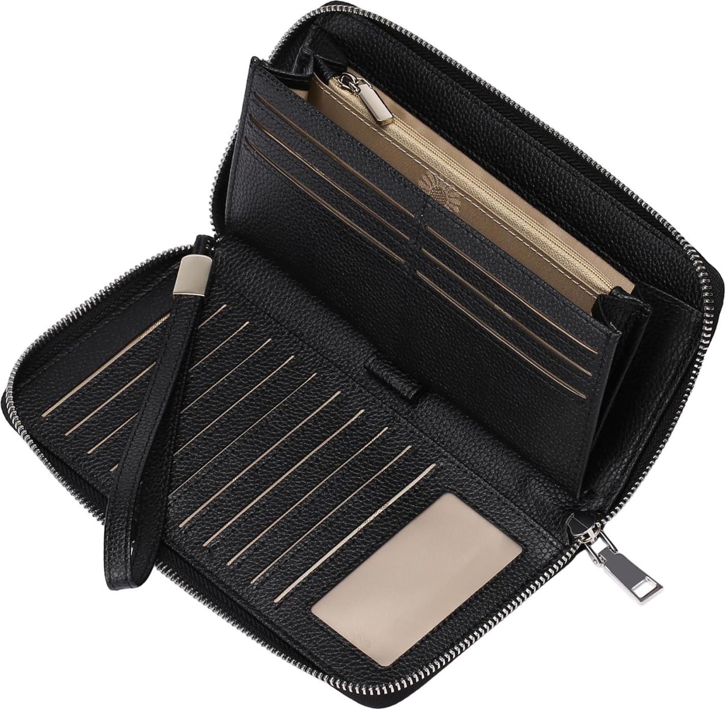 ASKSA Geldboersen Damen Grosse Kapazitaet Lange Portemonnaie Gross Karteninhaber Geldboerse mit RFID-Blockierung und Handgelenk,Schwarz