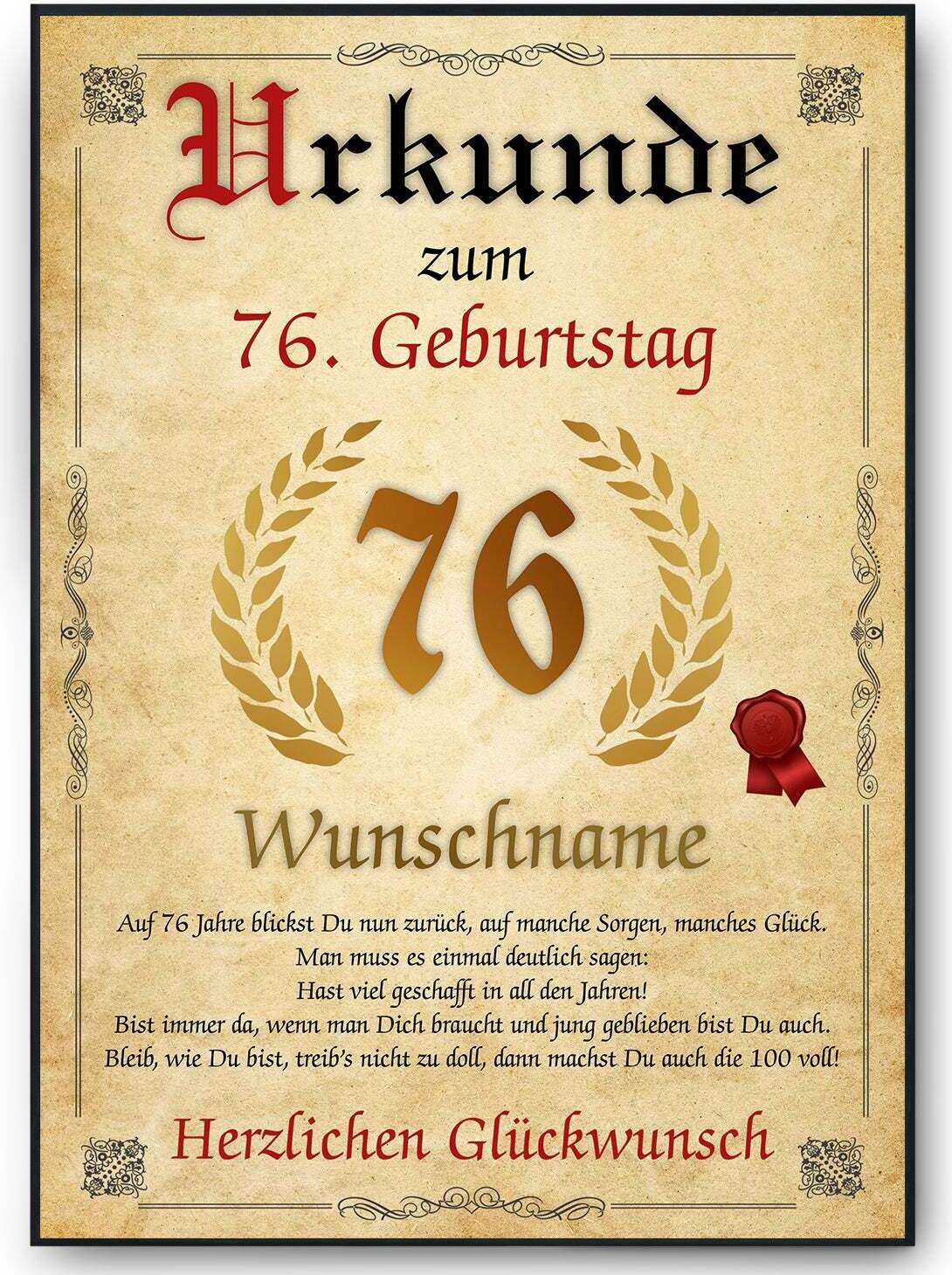 Tigerlino® Urkunde zum 76. Geburtstag personalisiertes Geschenk Jahrgang 1949 Geburtstagsurkunde 76 Jahre Geburtstagsgeschenk – DIN A4 (21x29.7cm)