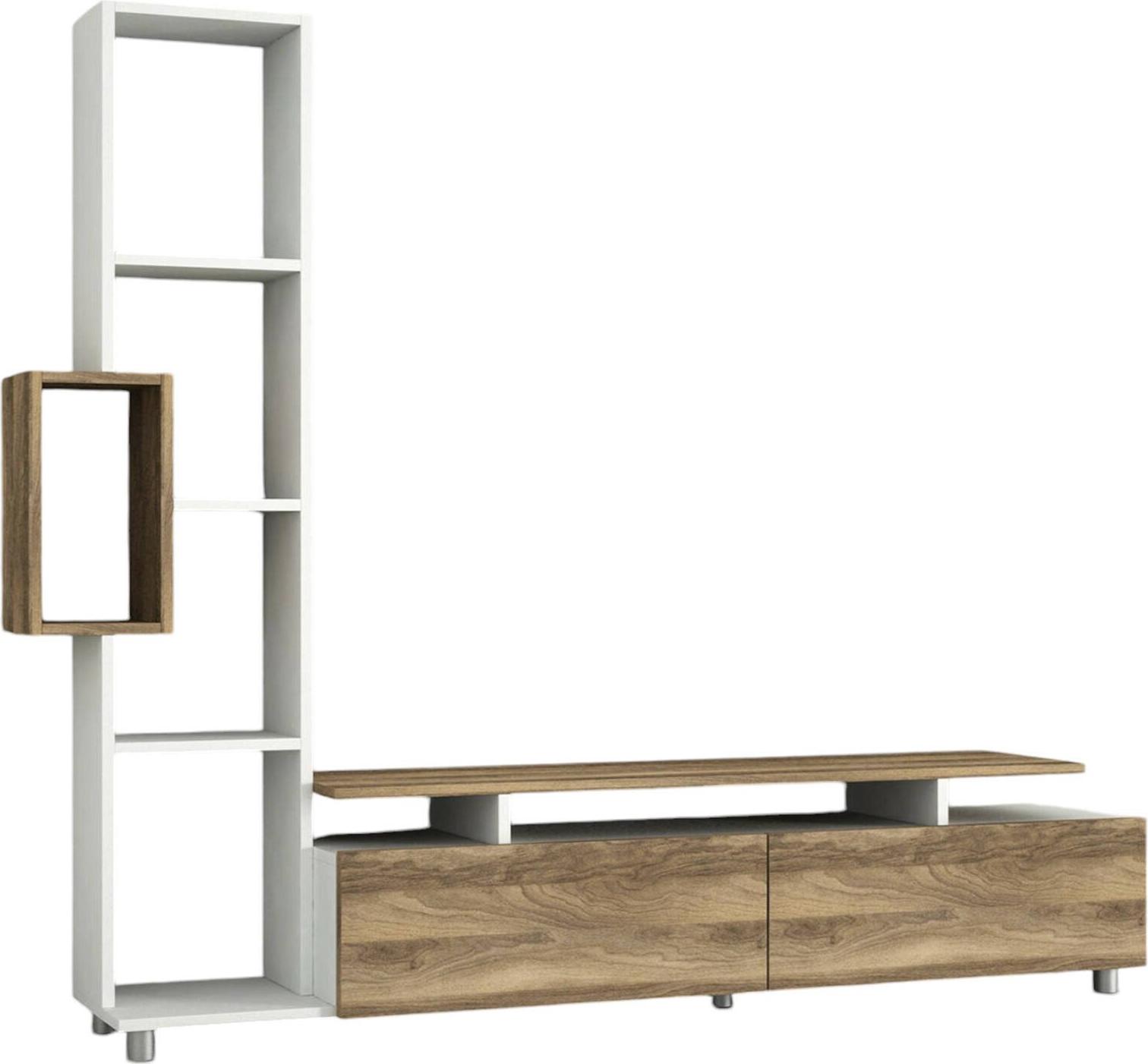 Dmora Wohnzimmermöbel Derufin, Modulares Wohnzimmerset, Mehrzweck-Wohnzimmermöbel, Moderner TV-Schrank, 160x30 h167 cm, Weiß und Walnuss