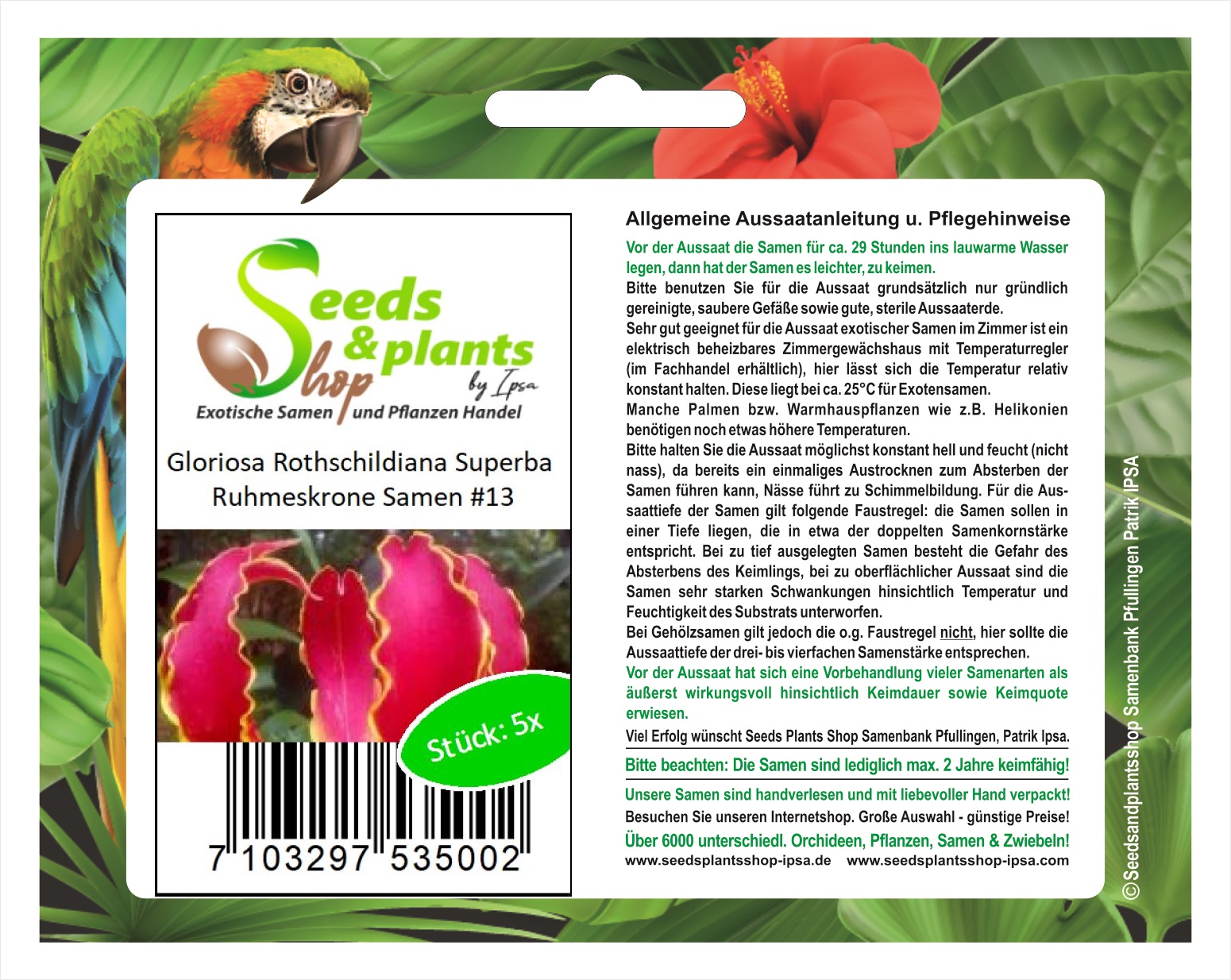 100 Samen Gloriosa superba Ruhmeskrone Prachtlilie Schmucklilie Feuerlilie 