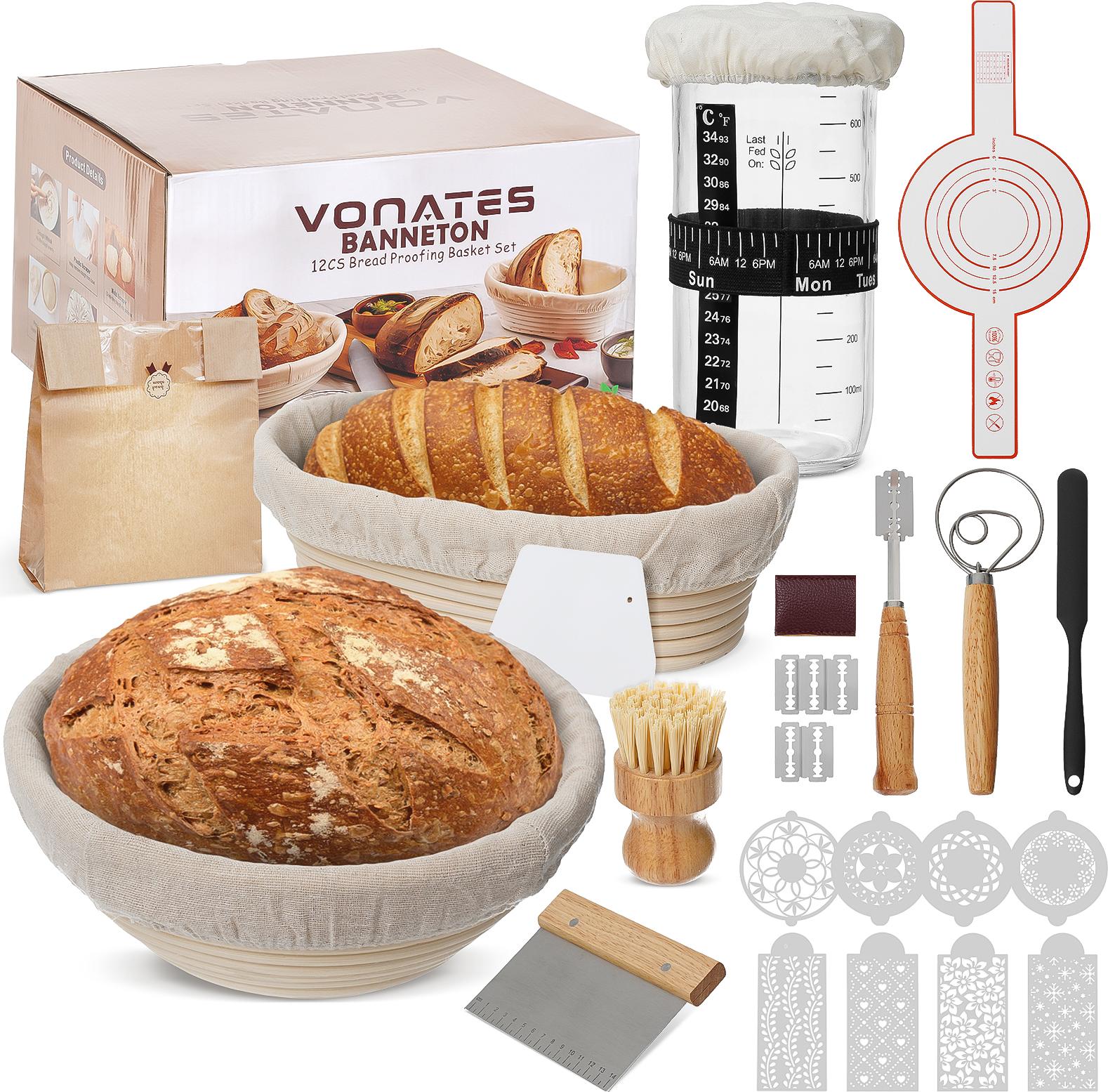 MECO 12-teiliges Sauerteig Starter Kit mit Gärkorb, 700ml Glas Starter Jar, Brotbackzubehör, BannetonGärkörbchen & Backwerkzeuge für Brot