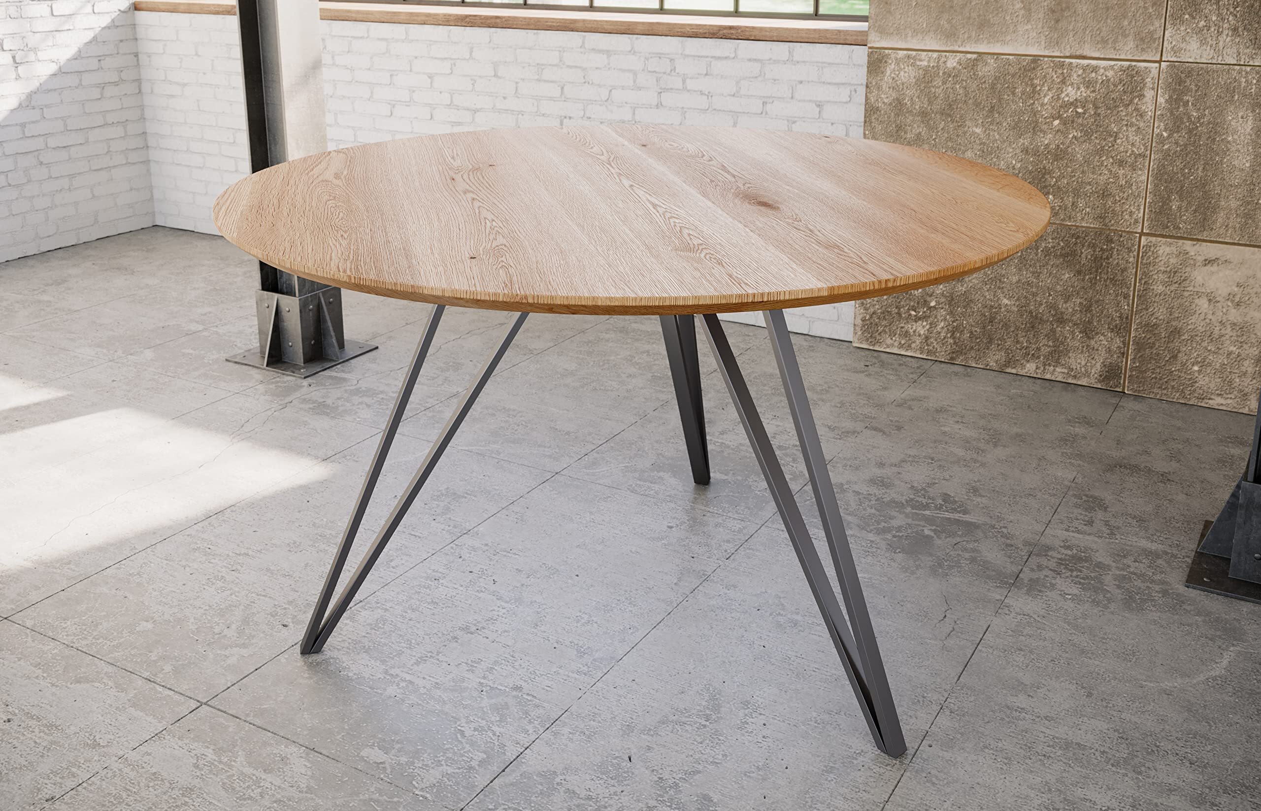 Runder Esstisch 90 cm Dream, Eichenholz geölt, Esszimmertisch mit Schweizer Kante, Hairpin-Gestell Eisen Silber, massiver Holztisch, Tischplatte 26mm