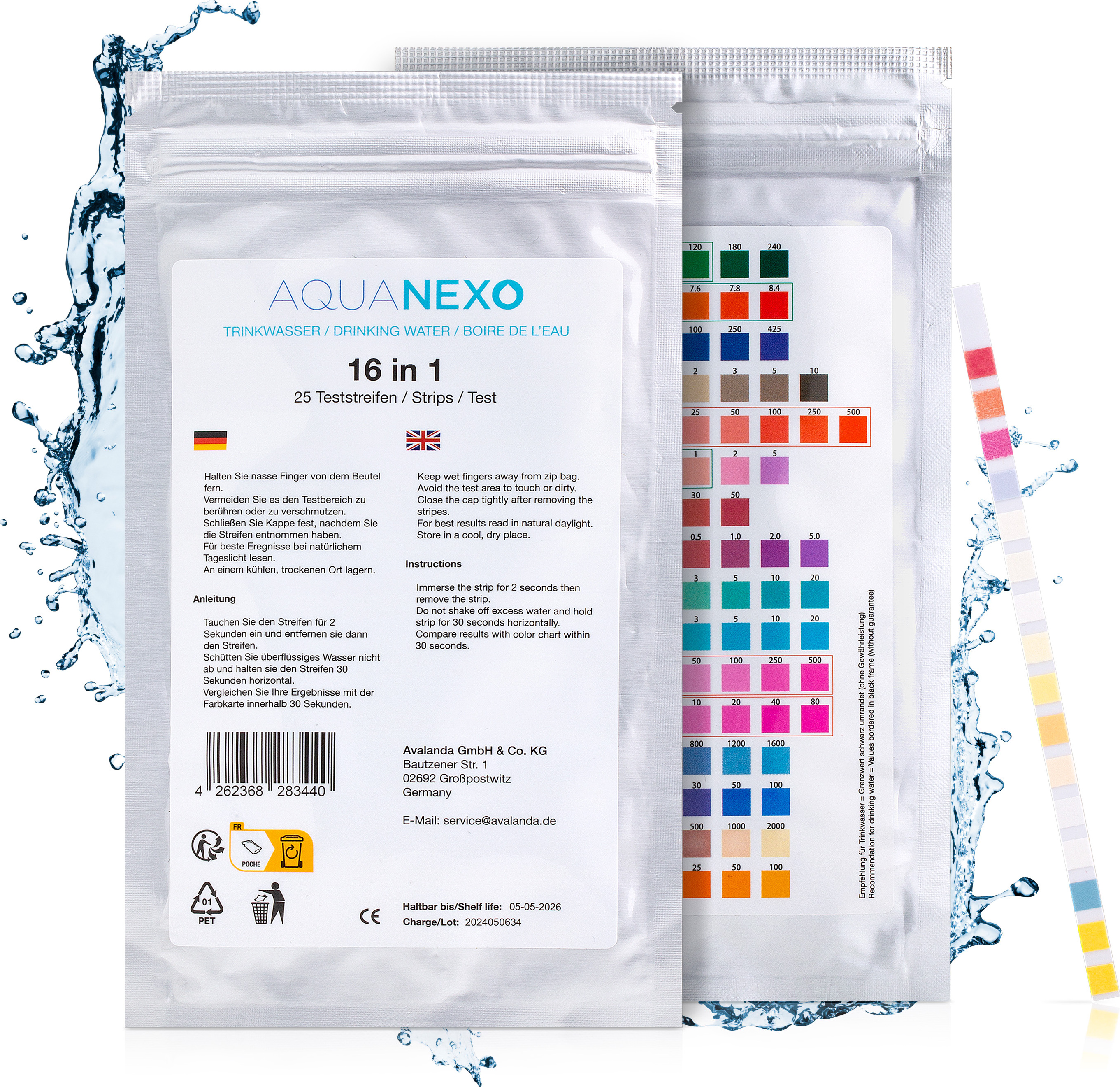 Aquanexo 50 Wassertester Trinkwasser Teststreifen 16-in-1 Trinkwassertest pH Wasserhärte