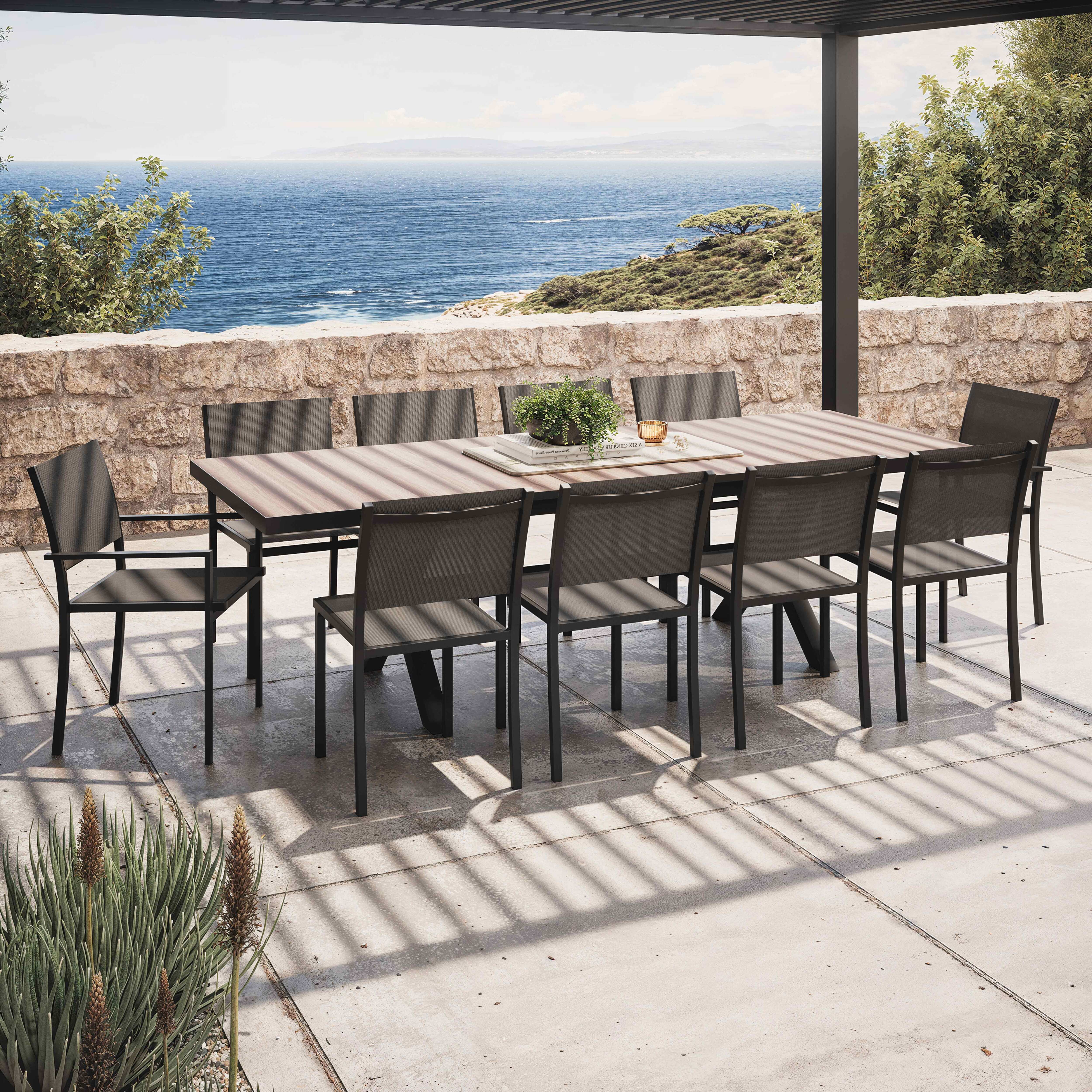 Ausziehbarer Tisch, Kreuzbeine, Holz, 8 Stühle und 2 Sessel Braun - Oviala Tivoli 105725