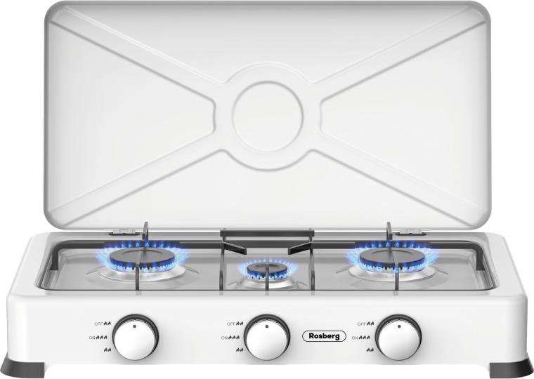 Trojitá plynová varná doska s pokrievkou Rosberg R51454E3, 3x2,2 kWh, 30 mbar, Uhlíková oceľ, Biela