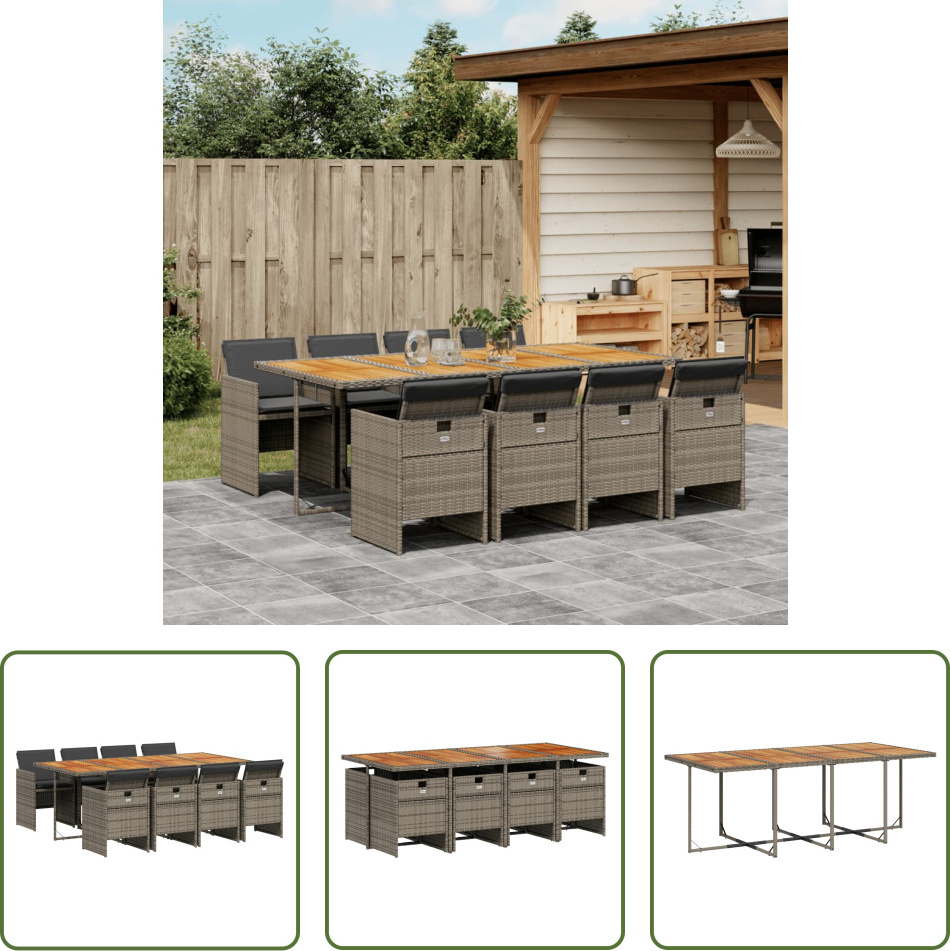 The Living Store 9-dielny záhradný jedálenský set s vankúšmi sivý polyratan