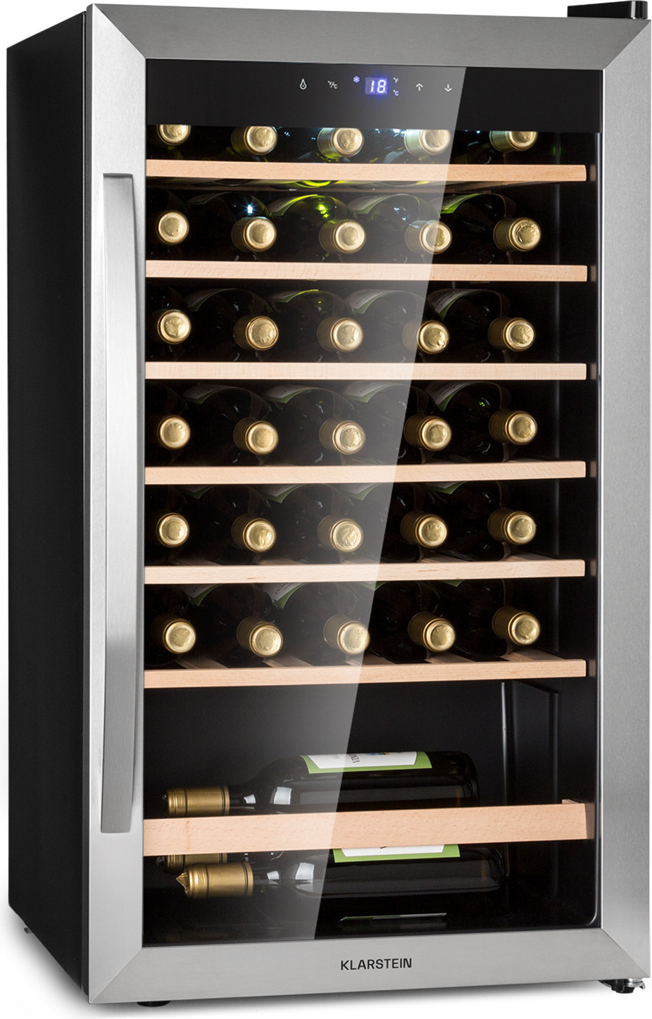 Klarstein Weinkühlschrank, Getränkekühlschrank Schmal, Kühlschrank mit Glastür, Getränkekühlschränke Freistehend, Weinkühlschrank Klein, Weinkühlschränke 1 Zone, LED-Beleuchtung, 4-18 °C, 36 Flaschen 35