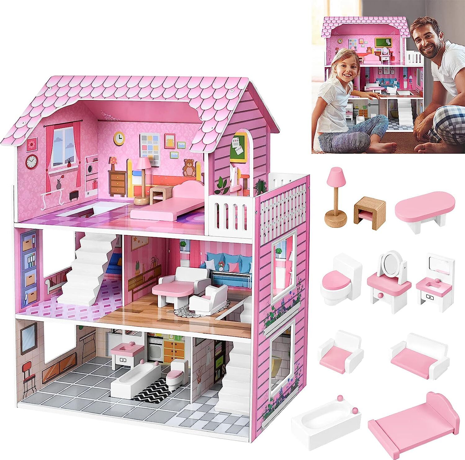 Produktbild von Kinder Puppenhaus Aus Holz Puppenstube Dollhouse 3 Etagen Mit Möbeln Spiel Rosa
