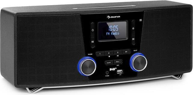 auna Stockton Micro Stereosystem - 20W max. (2X 5W RMS), DAB+, UKW-Radiotuner, RDS-Funktion, CD-Player, Bluetooth, USB-Port, AUX-IN, OLED Display, X-Bass, EQ, Timer, Weckfunktion, schwarz MG3-Stockton