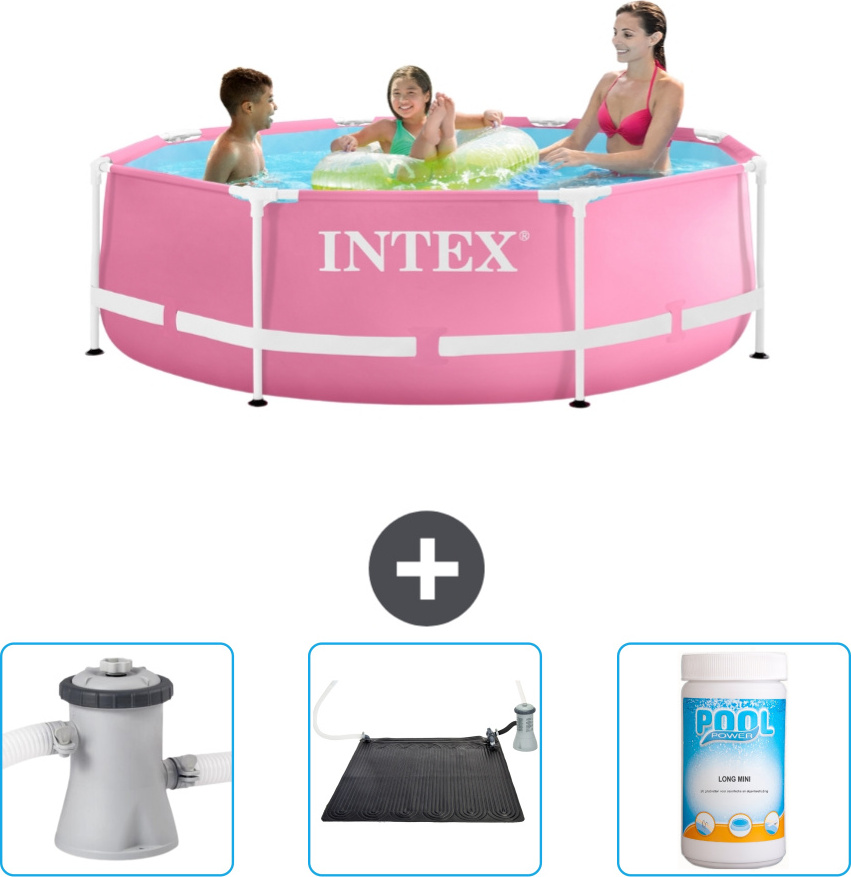 Bazén Intex s okrúhlym rámom - 244 x 76 cm - ružový - filtračné čerpadlo pre bazén v cene - solárna podložka - chlór