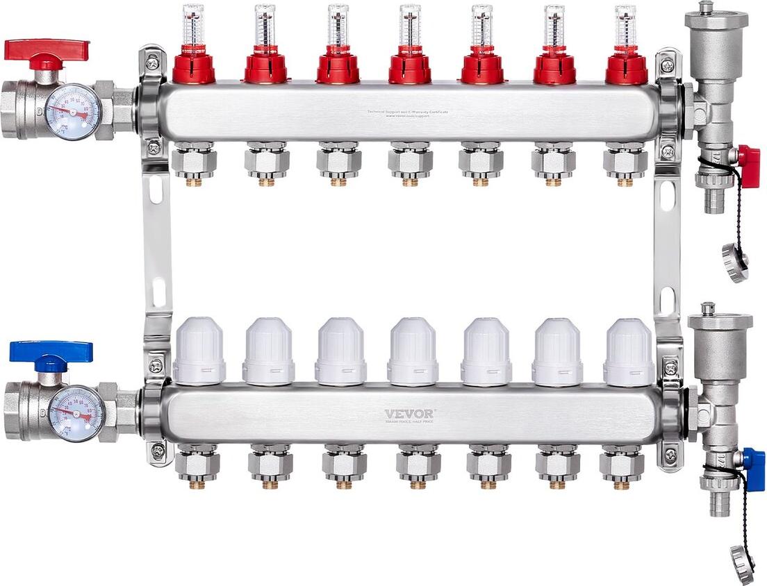 VEVOR 7-fach-Strahlungswärmeverteiler 1/2" PEX-Rohr-Fußbodenheizungsverteiler-Set 7012-25-07-00