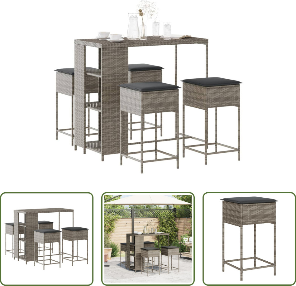 The Living Store 5-dielny záhradný barový set s vankúšmi sivý polyratan