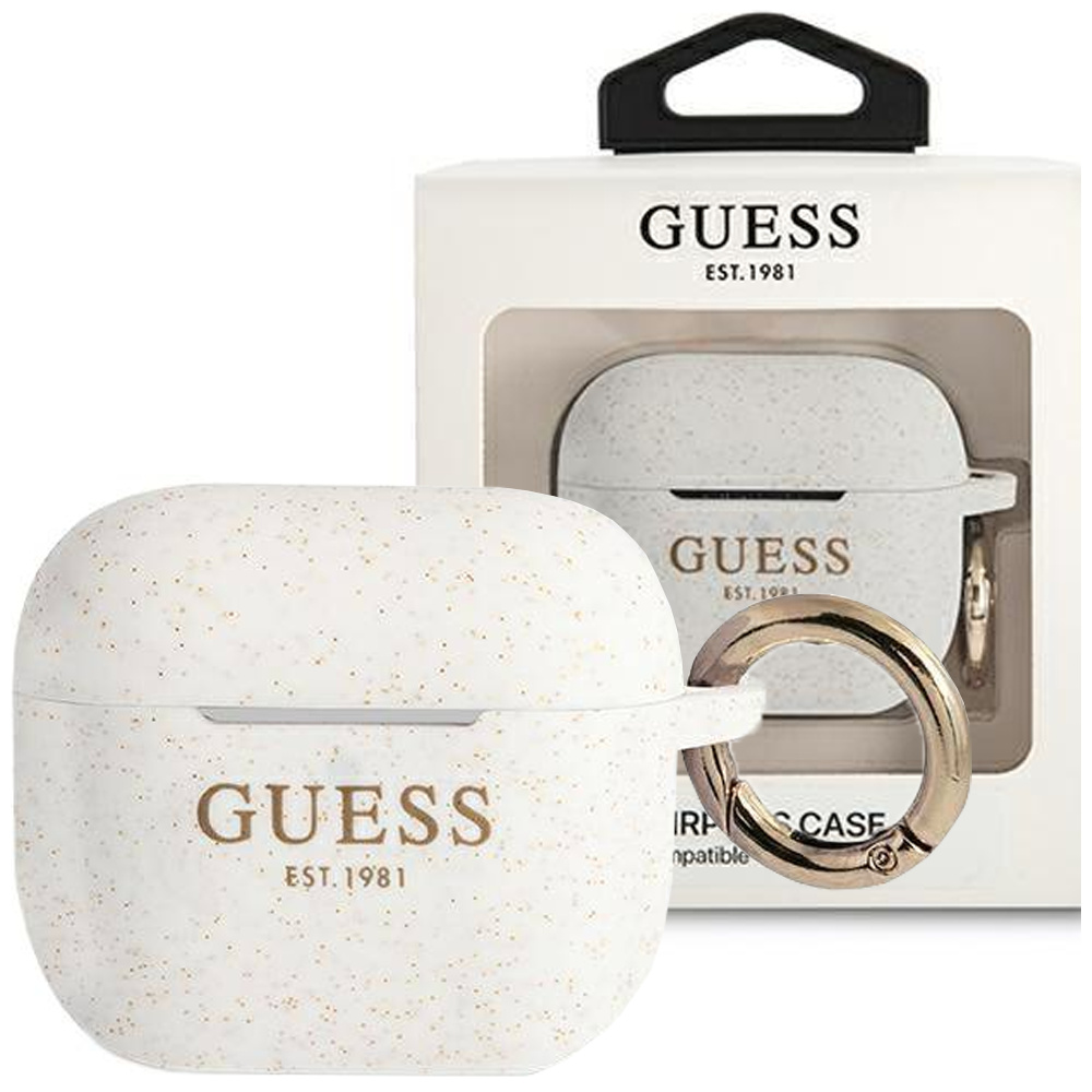 Guess GUAPSGGEH silikónové trblietavé puzdro pre Apple AirPods Pro, biele