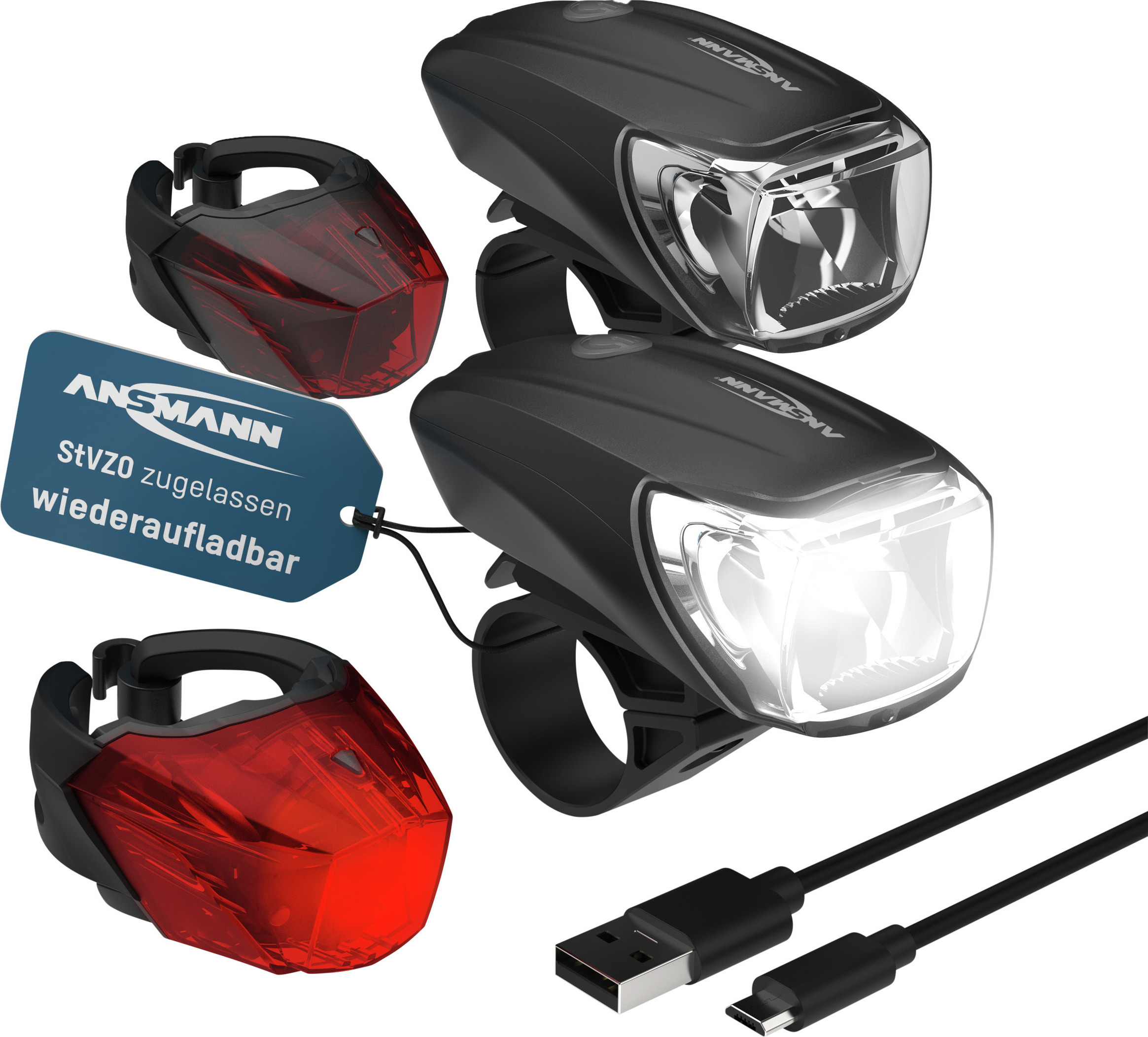 ANSMANN Fahrradbeleuchtung 2 Sets StVZO, aufladbar, Vorderlicht & Rücklicht