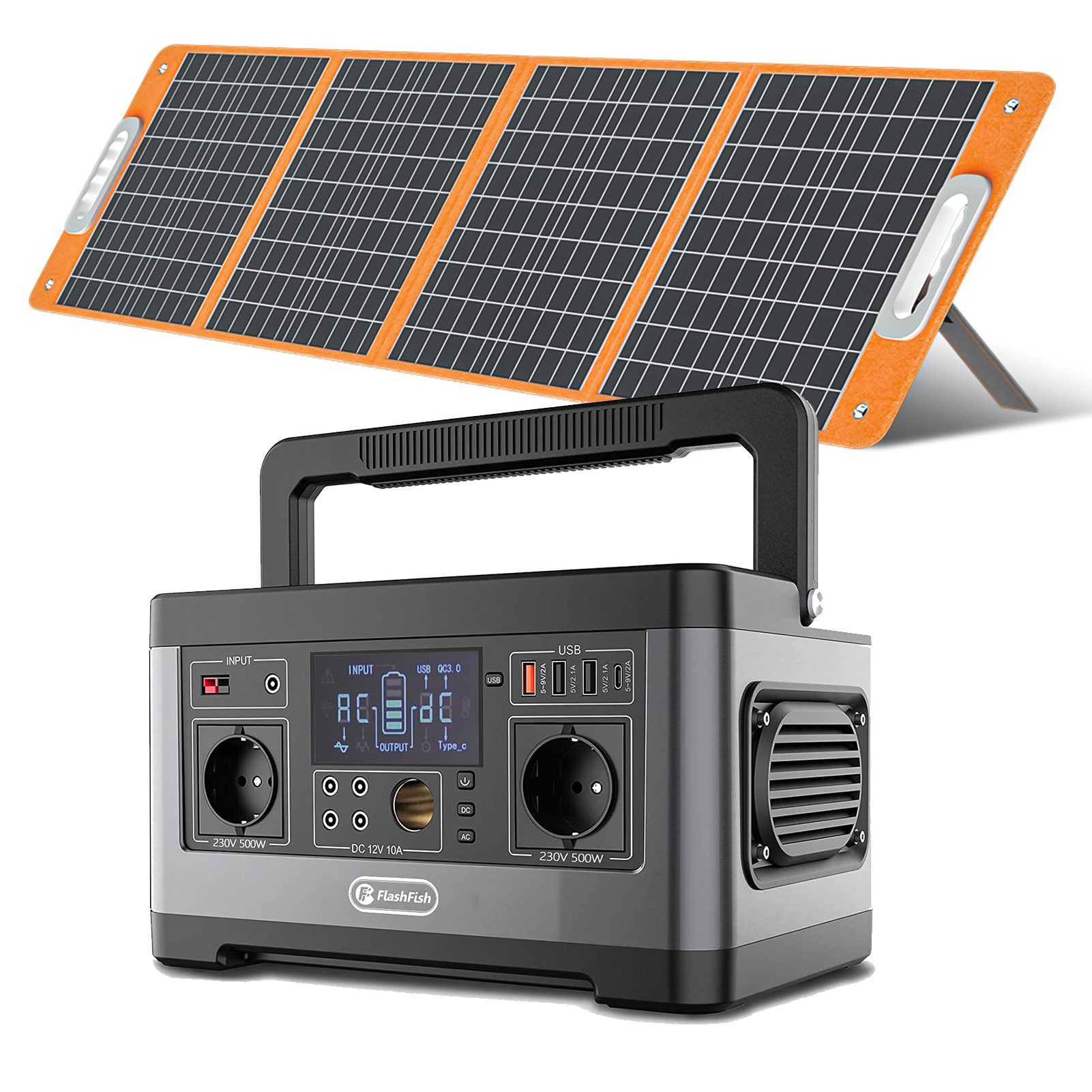 Flashfish P63 Solárny generátor + 100W solárny panel, 520Wh lítiová batéria s 500W (1000W Peak), generátor energie s QC3.0/DC/AC/Type-C/USB/Auto pripojeniami, napájacia stanica pre kemping a obytné automobily