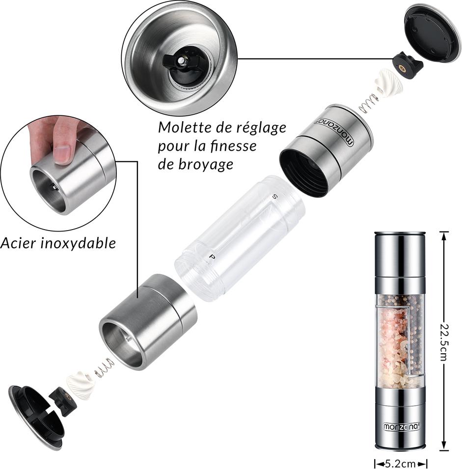 Lot De 2 Moulins à Poivre Et Sel En Acier Inoxydable Brossé Et Verre - Meule Céramique Réglable