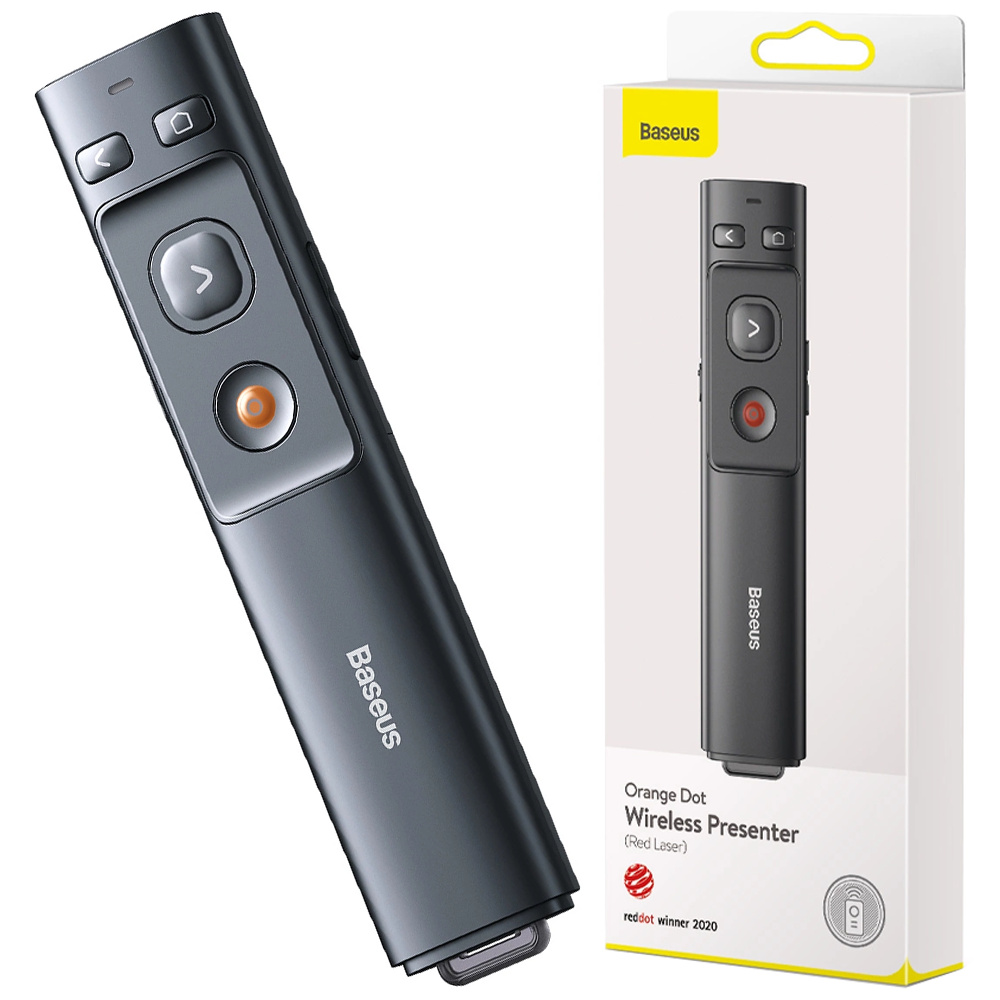 Multifunkčné diaľkové ovládanie pre prezentácie, s laserovým ukazovátkom (červené) Baseus Orange Dot, 300 mAh, šedá
