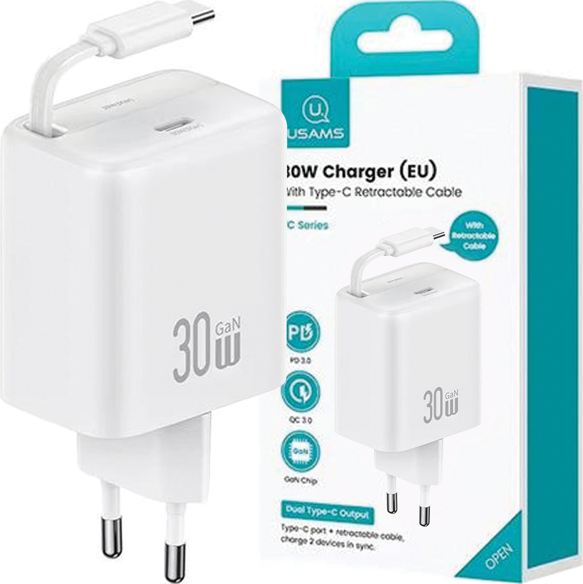 Usams Lad. Siete. 1Xusb-C So Zaťahovacím Usb-C Zaťahovacím Pd+Qc 30W Gan Rýchlonabíjacím Káblom Biely/Biely Yc Séria Cc241Tc02 (Us-Cc241)