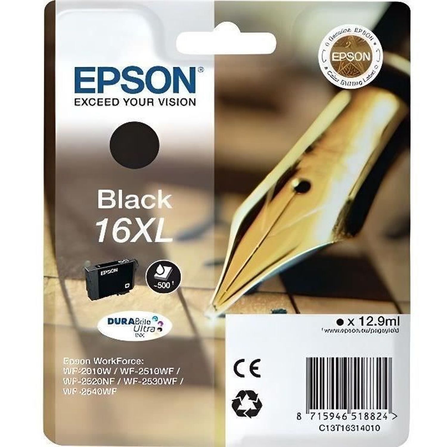 Epson Pen and crossword Singlepack Black 16XL DURABrite Ultra Ink, Vysoký (XL) výnos, Čierna, Atrament na pigmentovej báze, 12,9 ml, 1 kusov, 500 strany