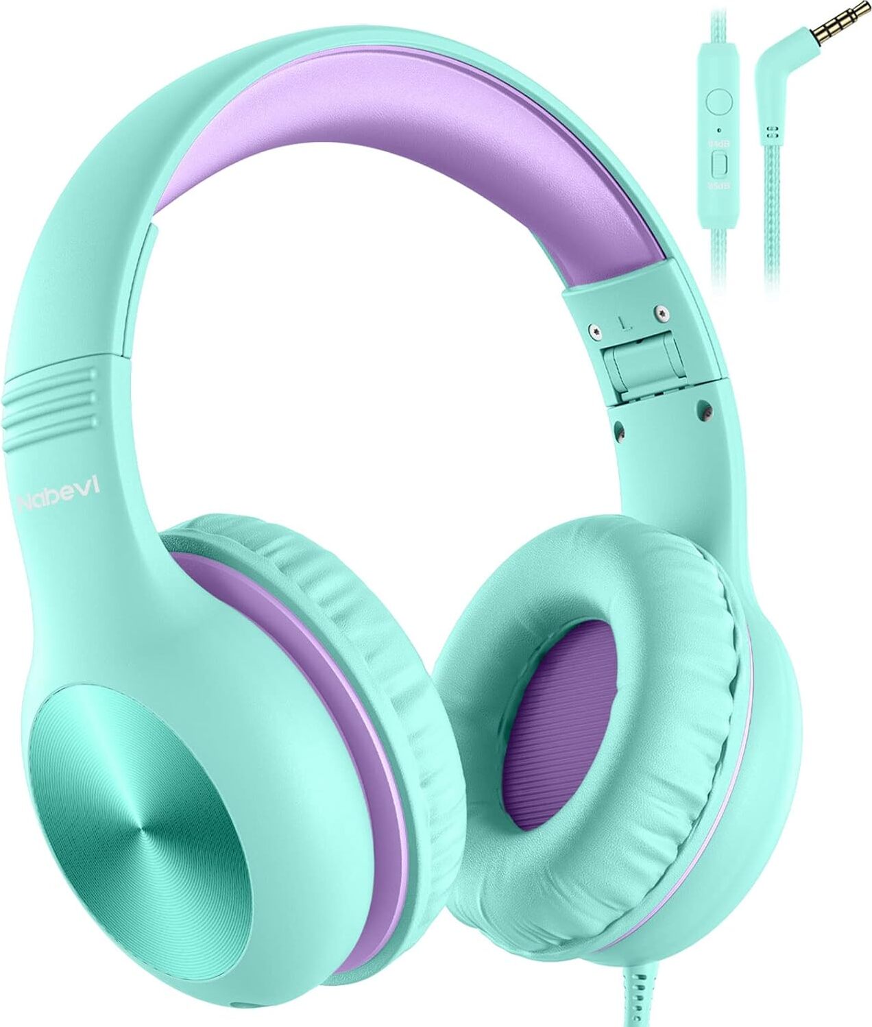 Detské slúchadlá s káblom, limit hlasitosti 85/94 dB, HD stereo zvuk, funkcia zdieľania, skladacie detské slúchadlá cez uši s mikrofónom do školy/na cesty