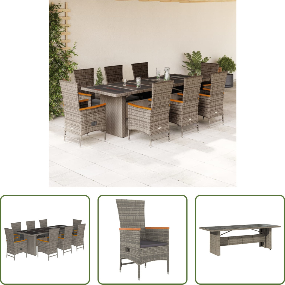 The Living Store 9-dielny záhradný jedálenský set s vankúšmi sivý polyratan