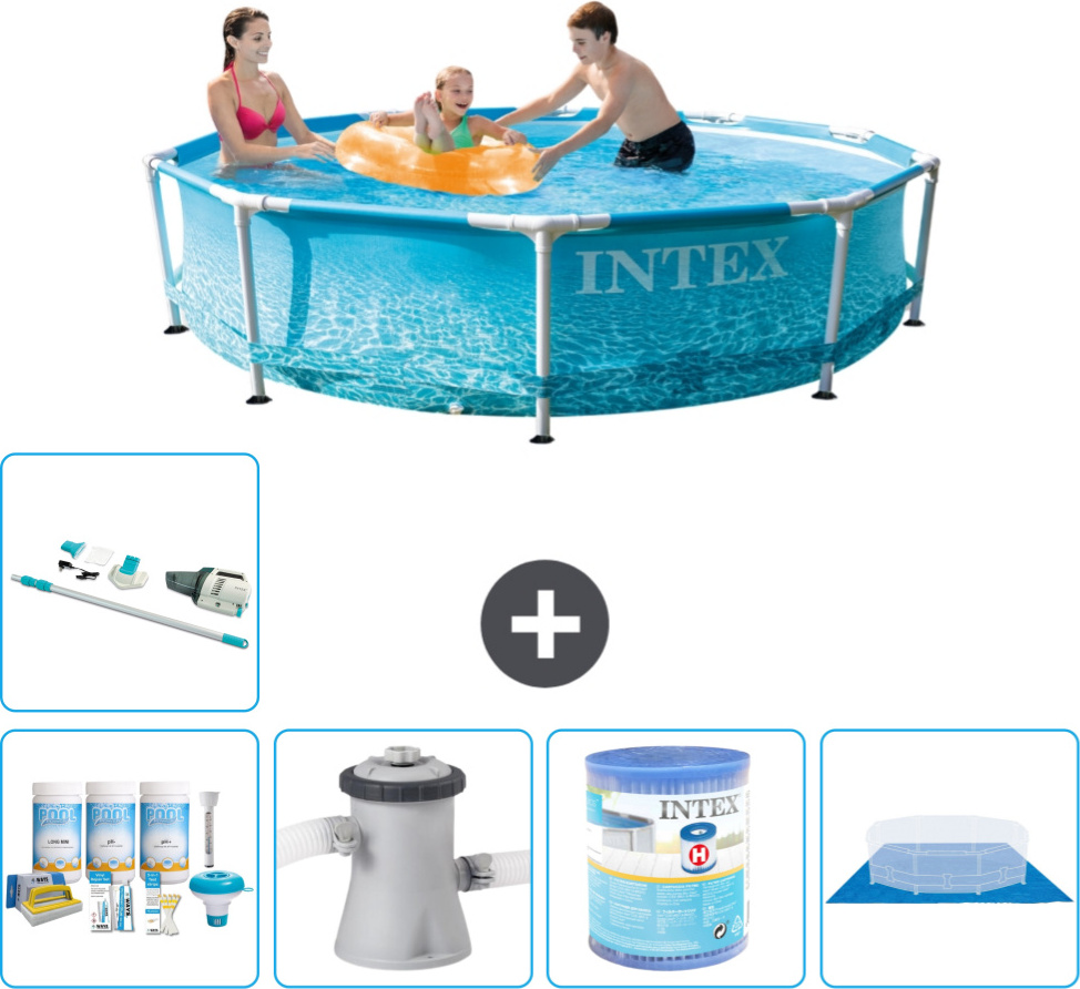 Bazén Intex s okrúhlym rámom - 305 x 76 cm - tlak vody - balík na údržbu v cene - filtračné čerpadlo pre bazén - filter - zemný kryt - vysávač