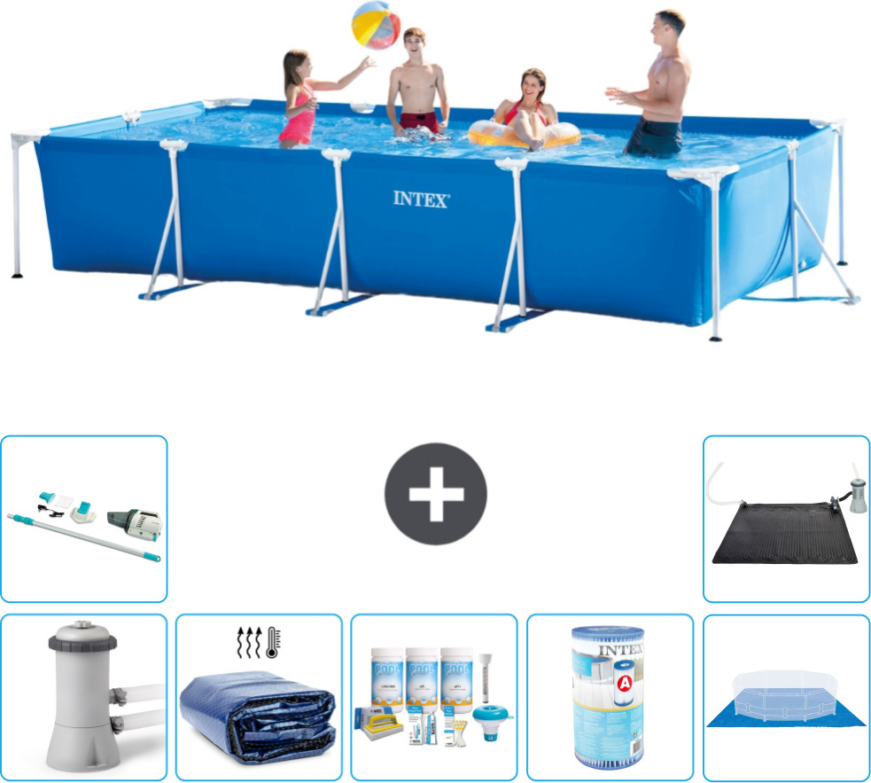Bazén Intex s obdĺžnikovým rámom - 450 x 220 x 84 cm - modrý - vrátane čerpadla - markízy - balíka na údržbu - filtra - krycej plachty - vysávača - solárnej podložky