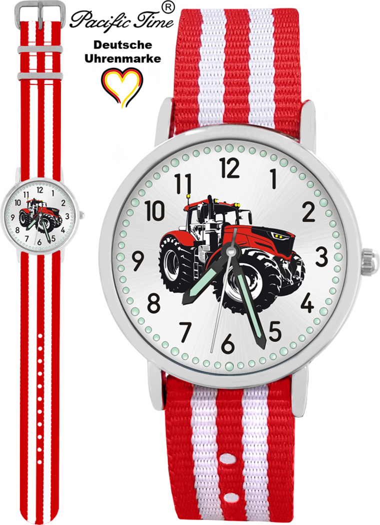Pacific Time Kinder Armbanduhr Traktor Trecker rot Wechselarmband rot-weiß 87676