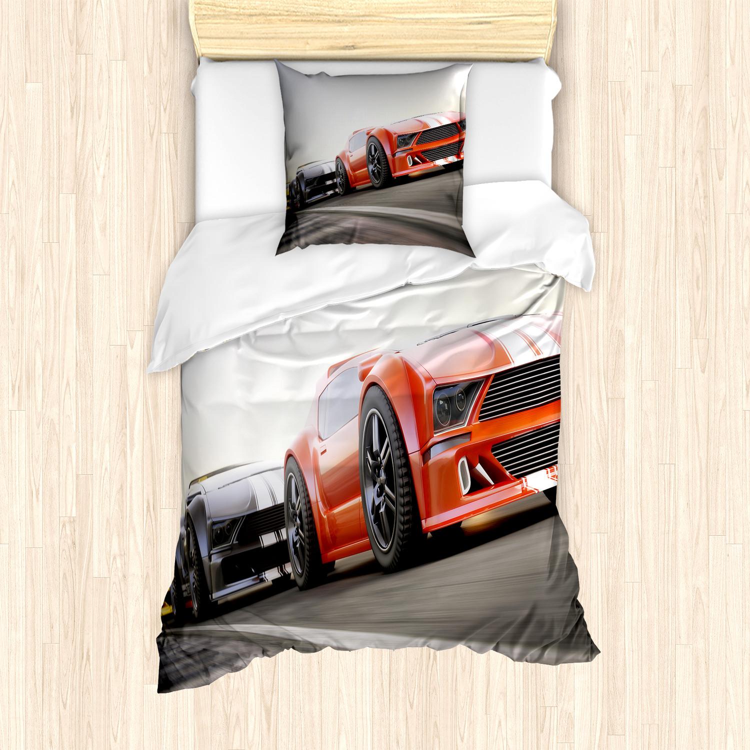 KOZMOS TEKSTL VE GER DÖNÜÜM SANAY TCARET LMTED RKET ABAKUHAUS Autos Bettbezug Set, Sportwagen Konkurrieren Auf Highway One Jagen Einen Anderen Team Champion Gewinn Bild, 135 x 200 cm + 80 x 80 cm, Grau Rot nevde_18225_135x200_de