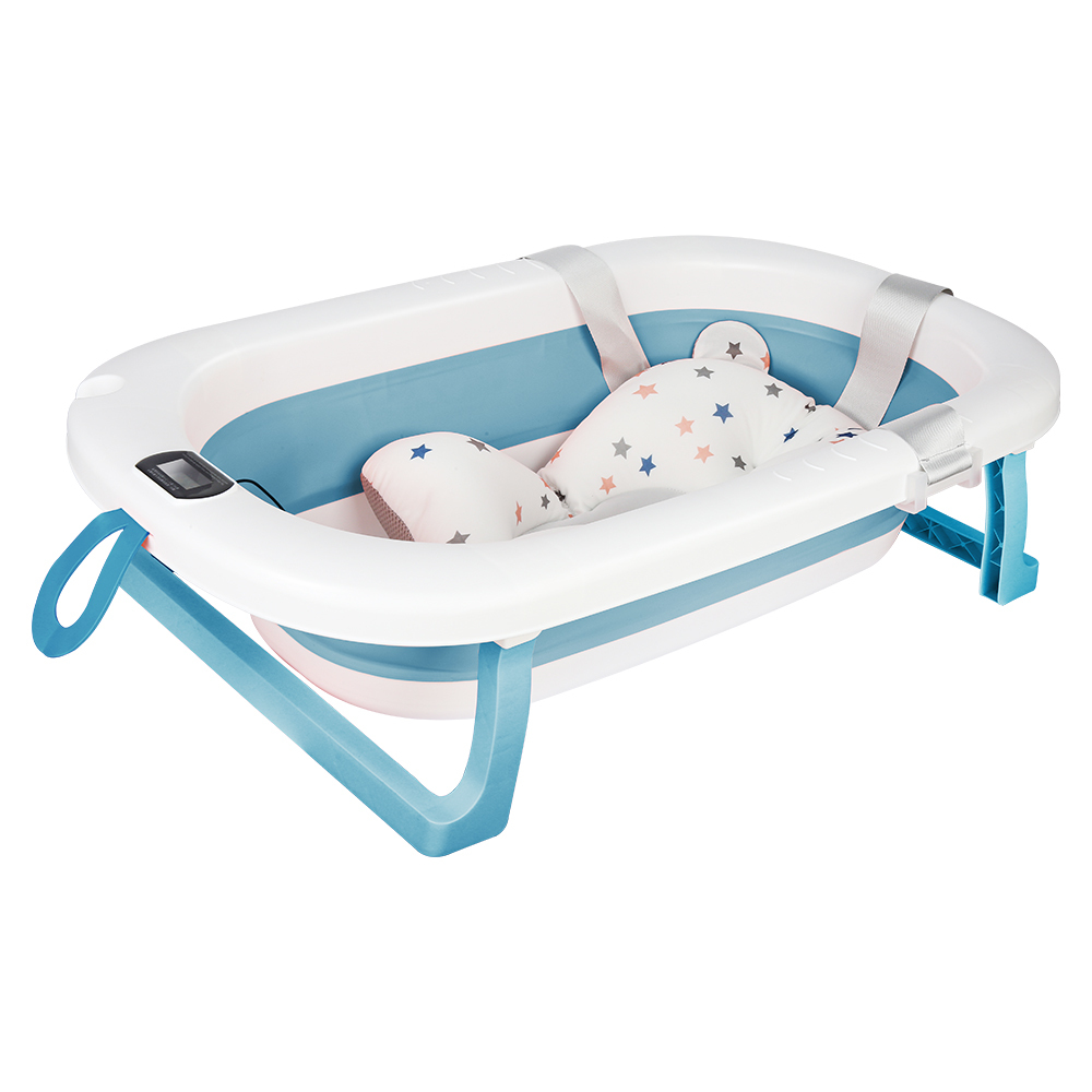Belfoyer Baby Badewanne mit Thermometer,Groß Babybadewanne mit Sitzmatte Tragbare Reisebadewanne für Neugeborene von 0-36 Monaten 80x50x23 Blau 350305