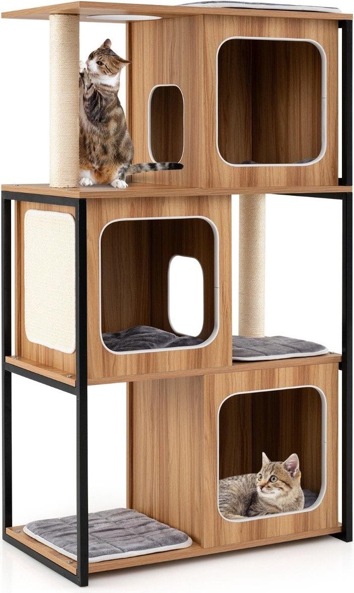 2 in 1 Kratzbaum Katzenhaus 3 Etagen Katzenbaum mit Abnehmbaren Kissens & Katzenhöhle