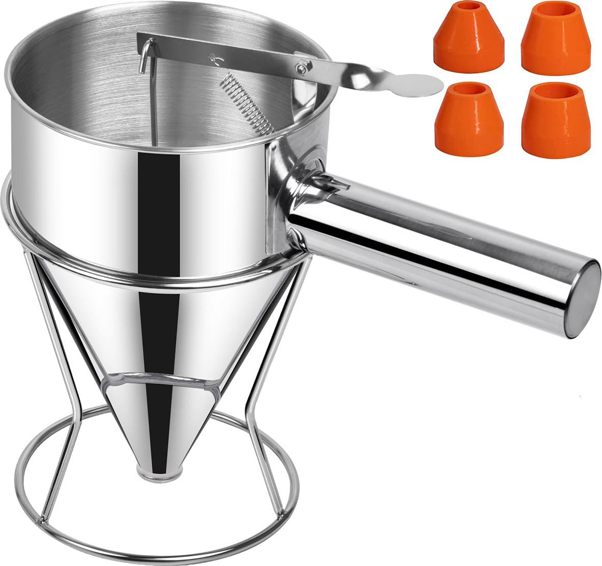 Dopwii 1.2L Edelstahl Teigportionierer mit Halter & 4 Silikondüsen,Trichter für kleine Kuchen, Muffins, Pfannkuchen KAUF-TRAD-KF2596-016