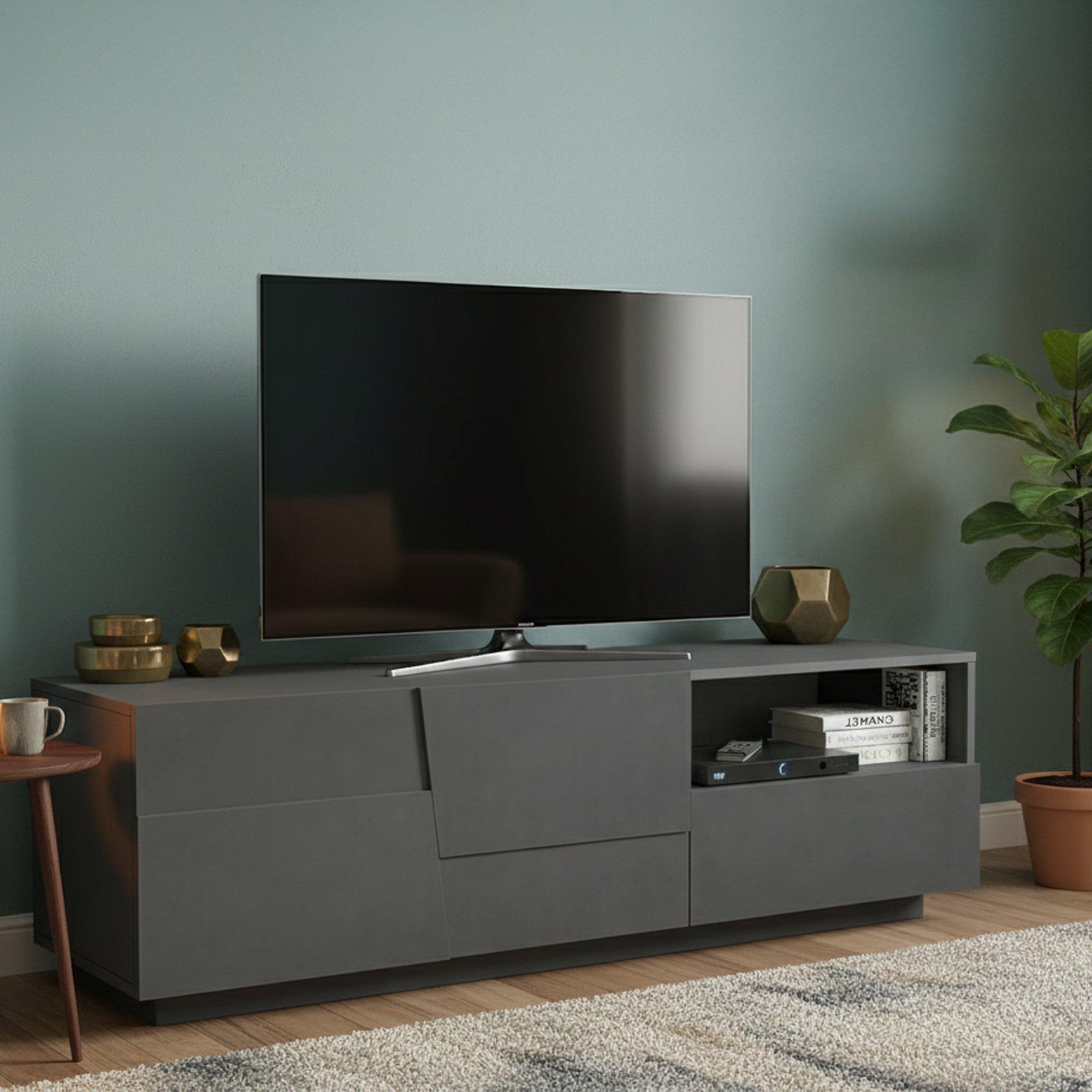 Dmora TV-Ständer Dcoulibal, niedriges Wohnzimmer-Kommode mit 2 Türen und 1 Schublade, TV-Ständer-Basis, 150x44x46 cm, Anthrazit