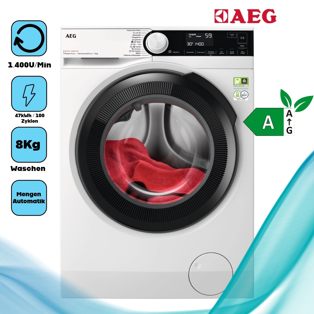 AEG LR8E70480 Frontlader 8 kg 1.400 U/Min Startzeitvorwahl 240 min Waschdauer 914500811