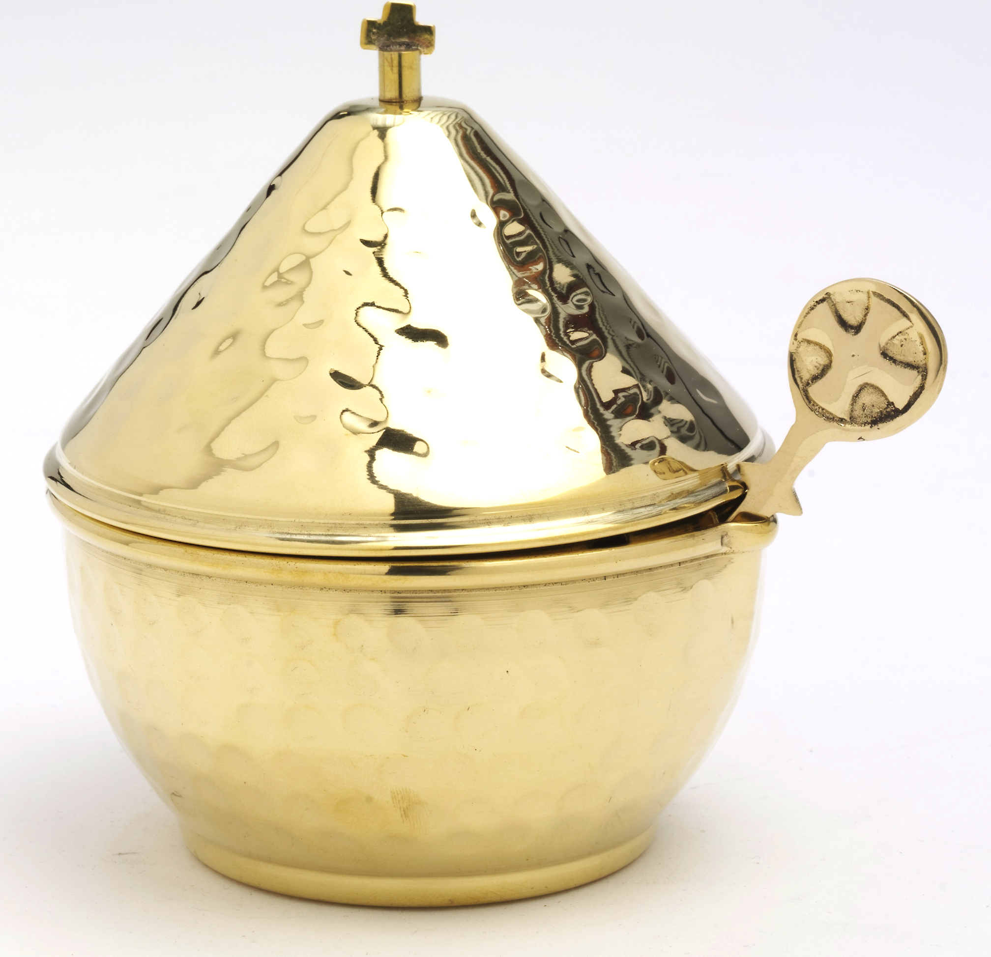 HECK Kirchenbedarf Weihrauch Schiffchen mit Löffel und Deckel Messing Gold (Höhe 14 cm) HK10778.01