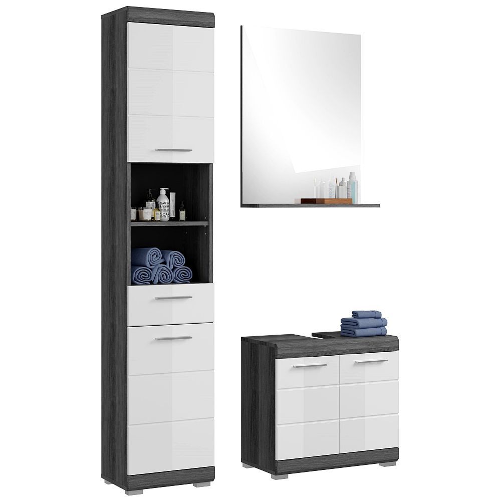 Lomadox Badezimmermöbel Set 3-teilig modern in Hochglanz weiß mit grau SIROCO-158 LA158-SIROCO-158-SET11