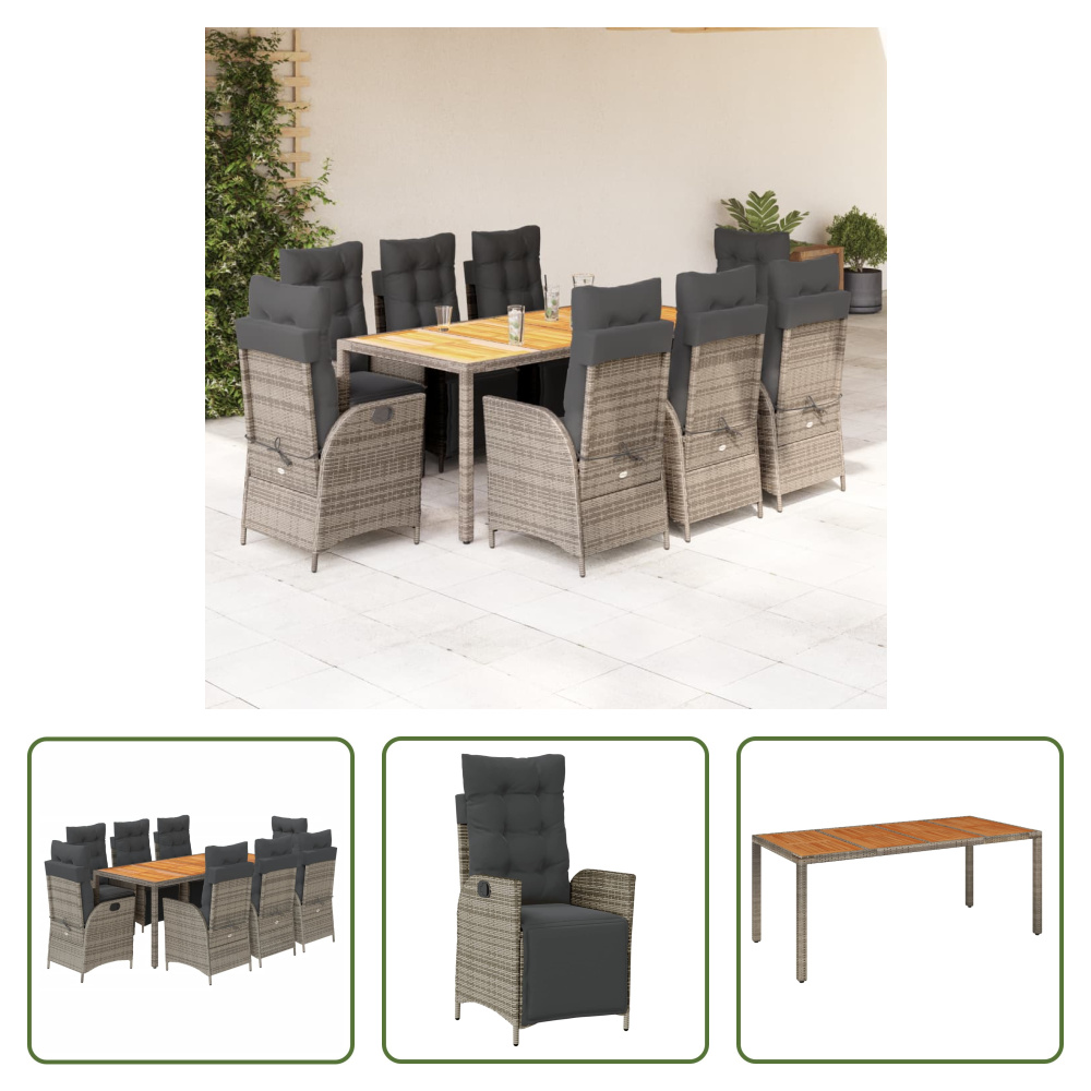 The Living Store 9-dielny záhradný jedálenský set s vankúšmi sivý polyratan