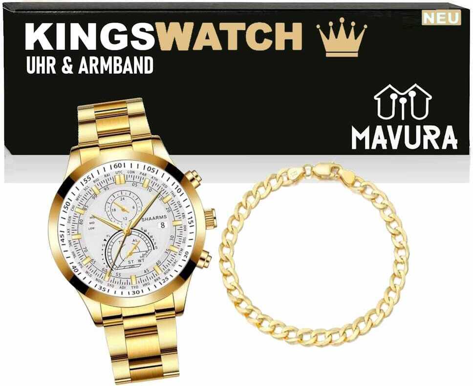 MAVURA KINGSWATCH Armbanduhr & Armband Set Edelstahl Herrenuhr Golduhr Goldarmband Chronograph Quarz Männer Herren Elegant Gold A794